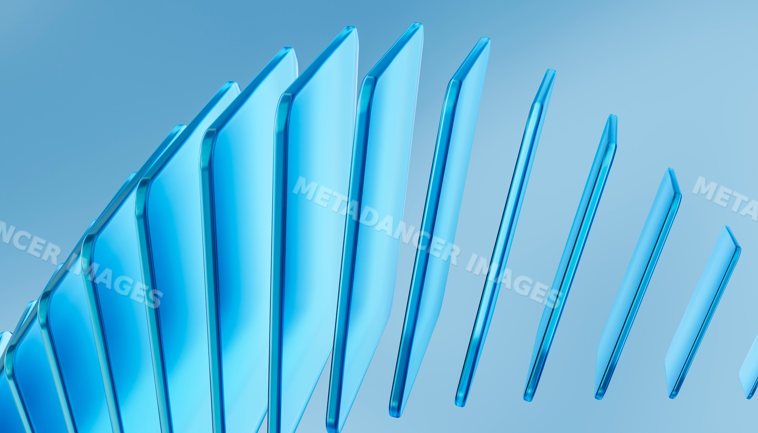 Blue transparent glass panes arranged in abstract staggered formation