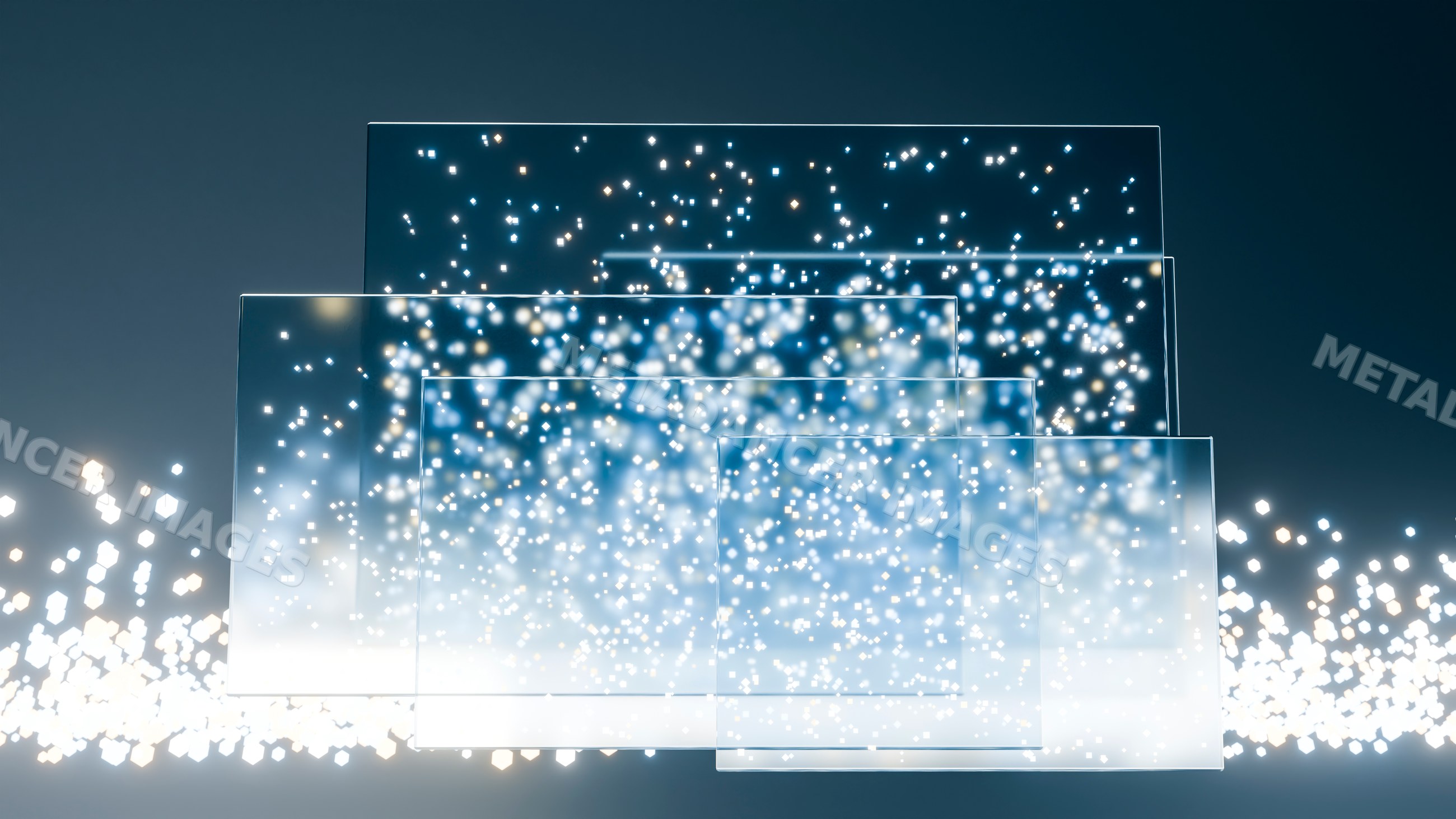 Floating glass panels with blue and white glowing light particles