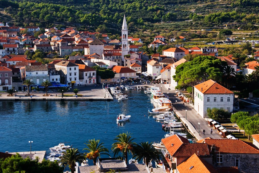 Harbor and coastal village view on hvar island, croatia