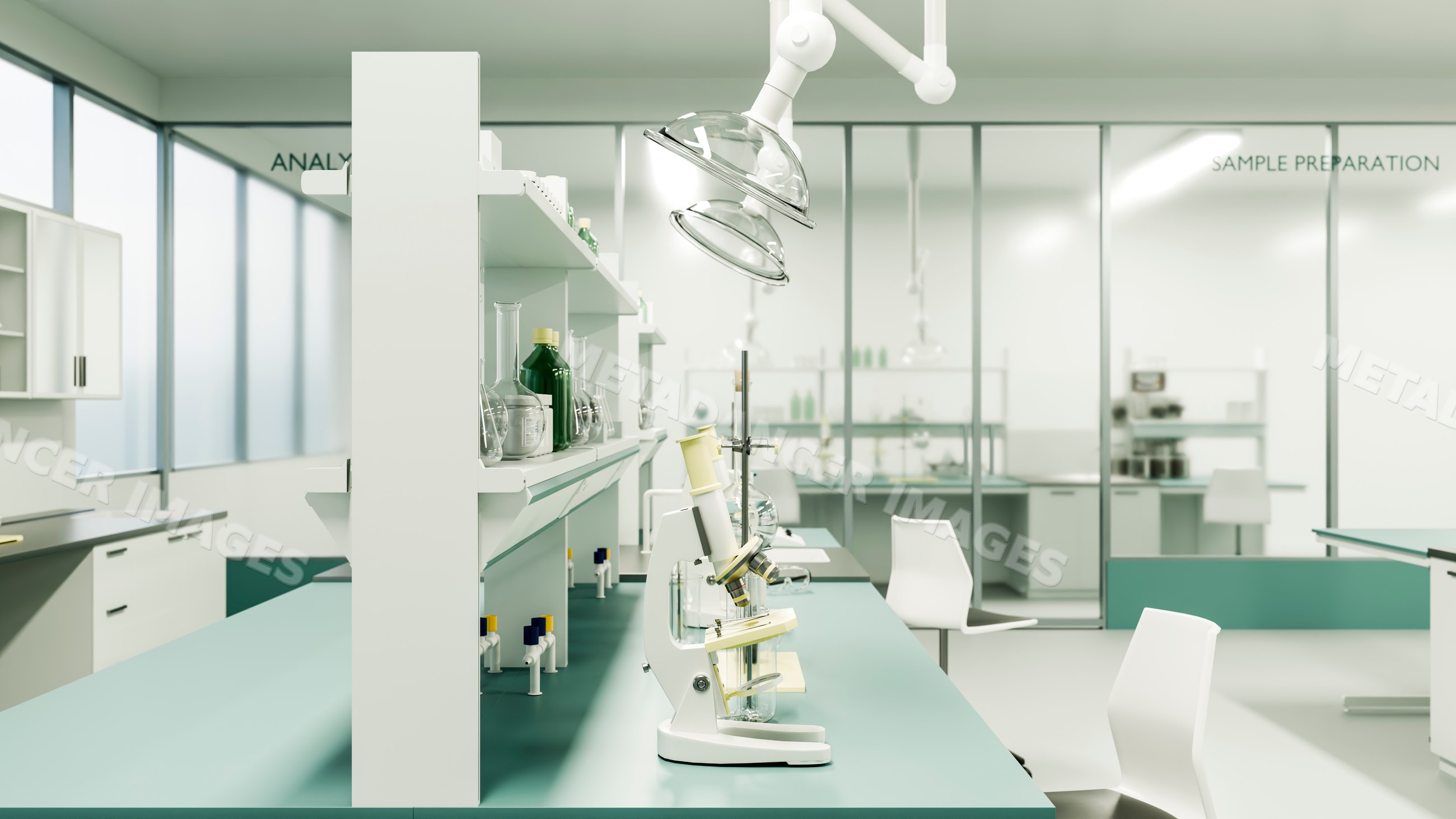 Microscope on laboratory bench in sample preparation room
