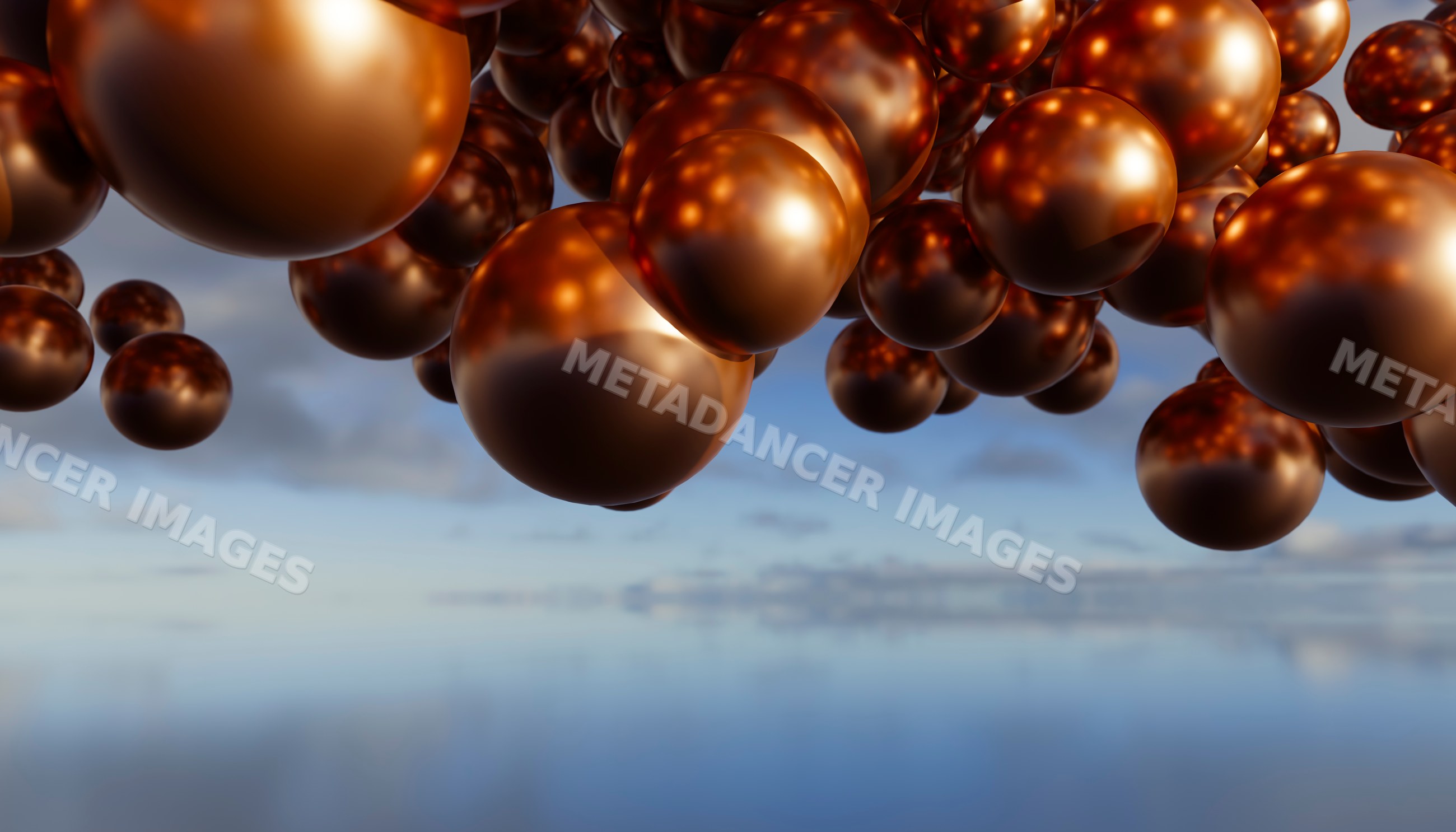A cluster of shiny brown metallic spheres floating above a reflective