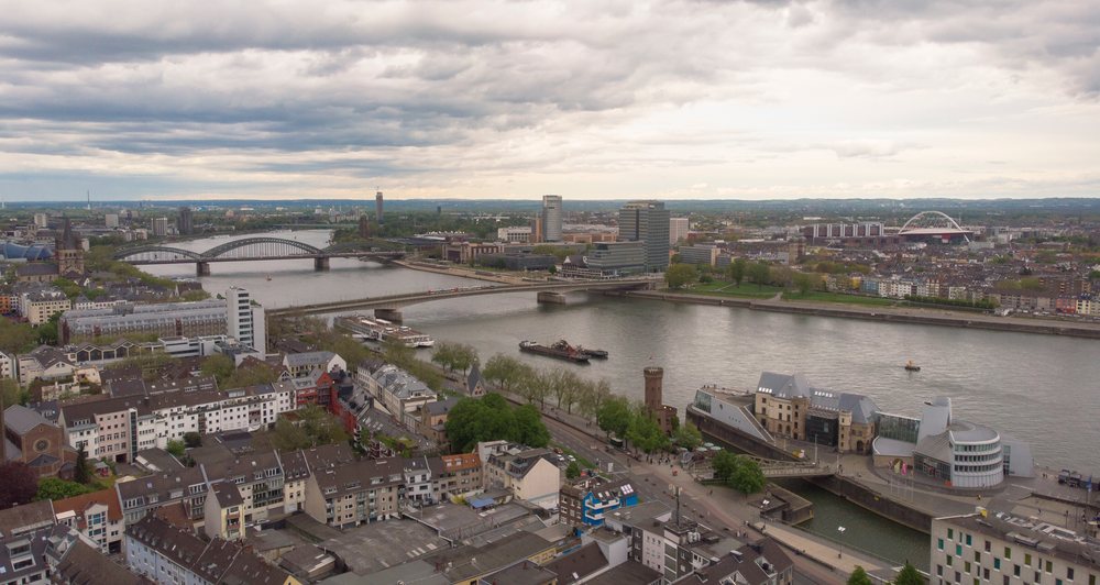 Aerial view of a cityscape along river Rhine, Cologne