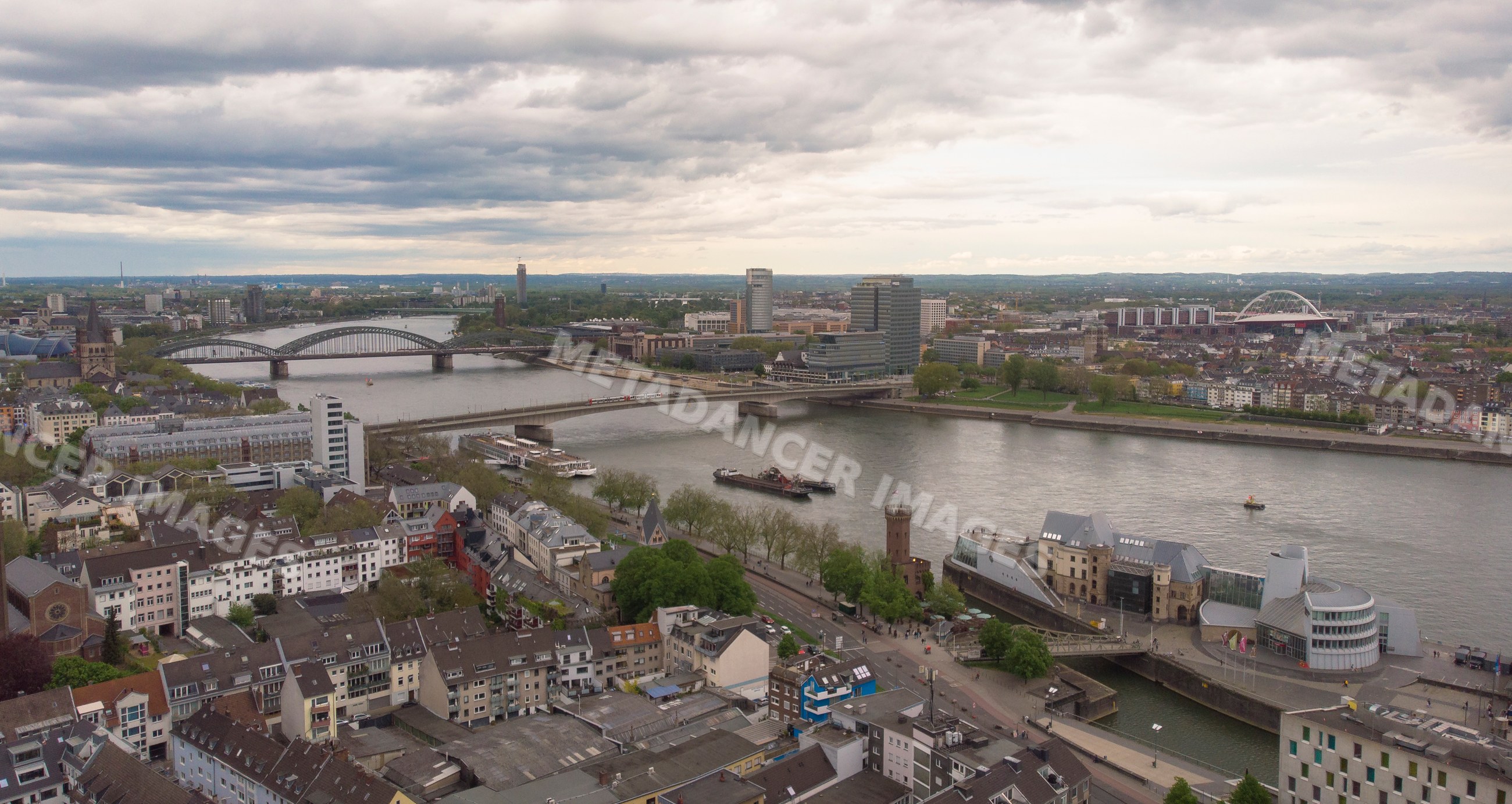 Aerial view of a cityscape along river Rhine, Cologne