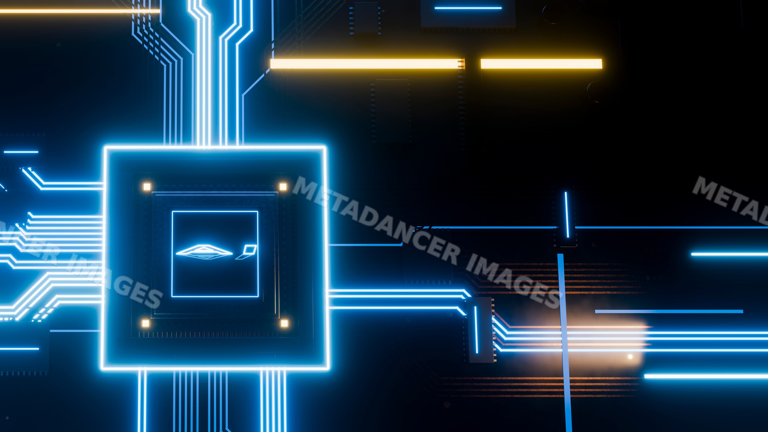 Glowing microchip with electric circuits on dark motherboard