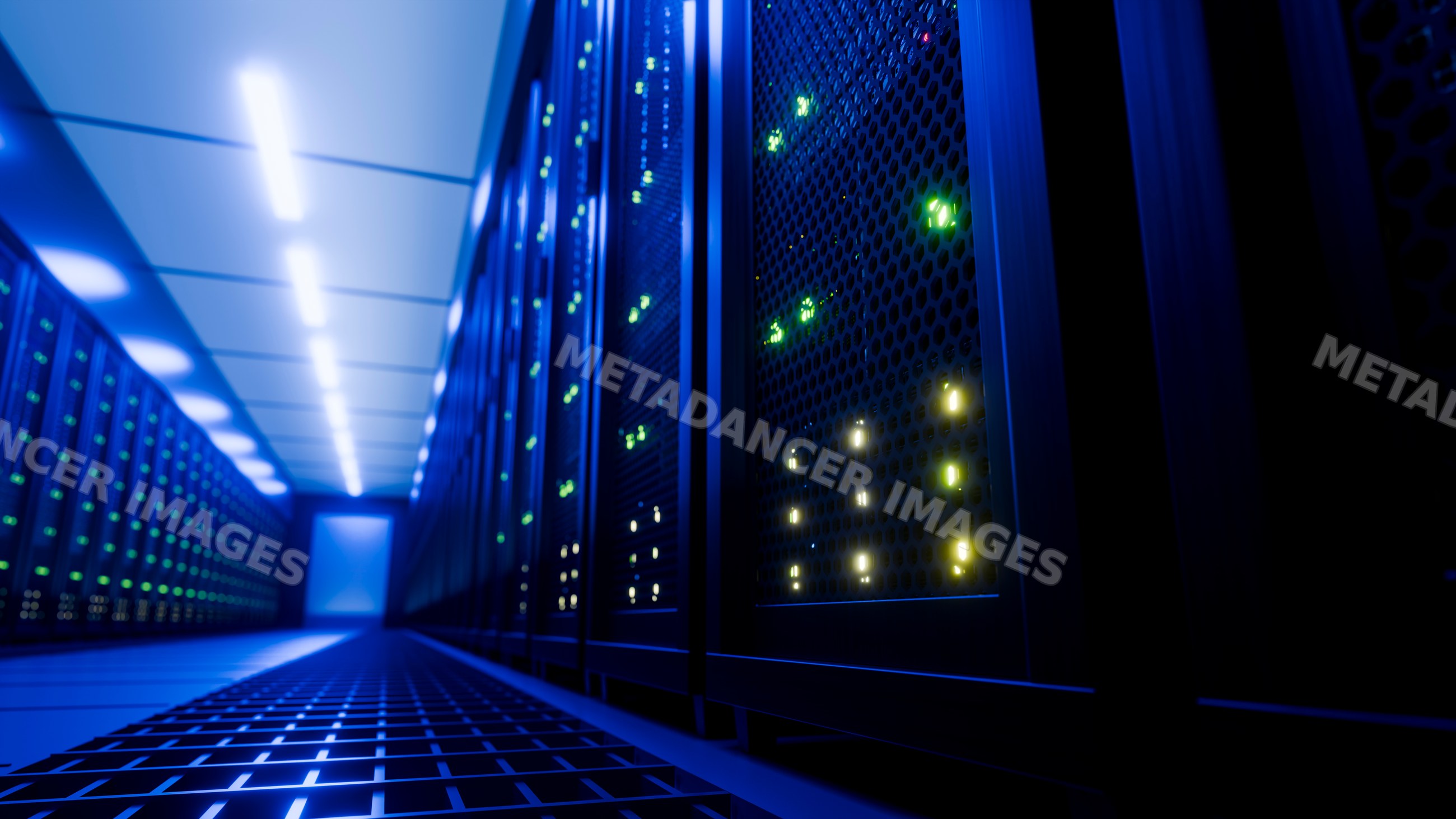 Server racks with glowing indicator lights