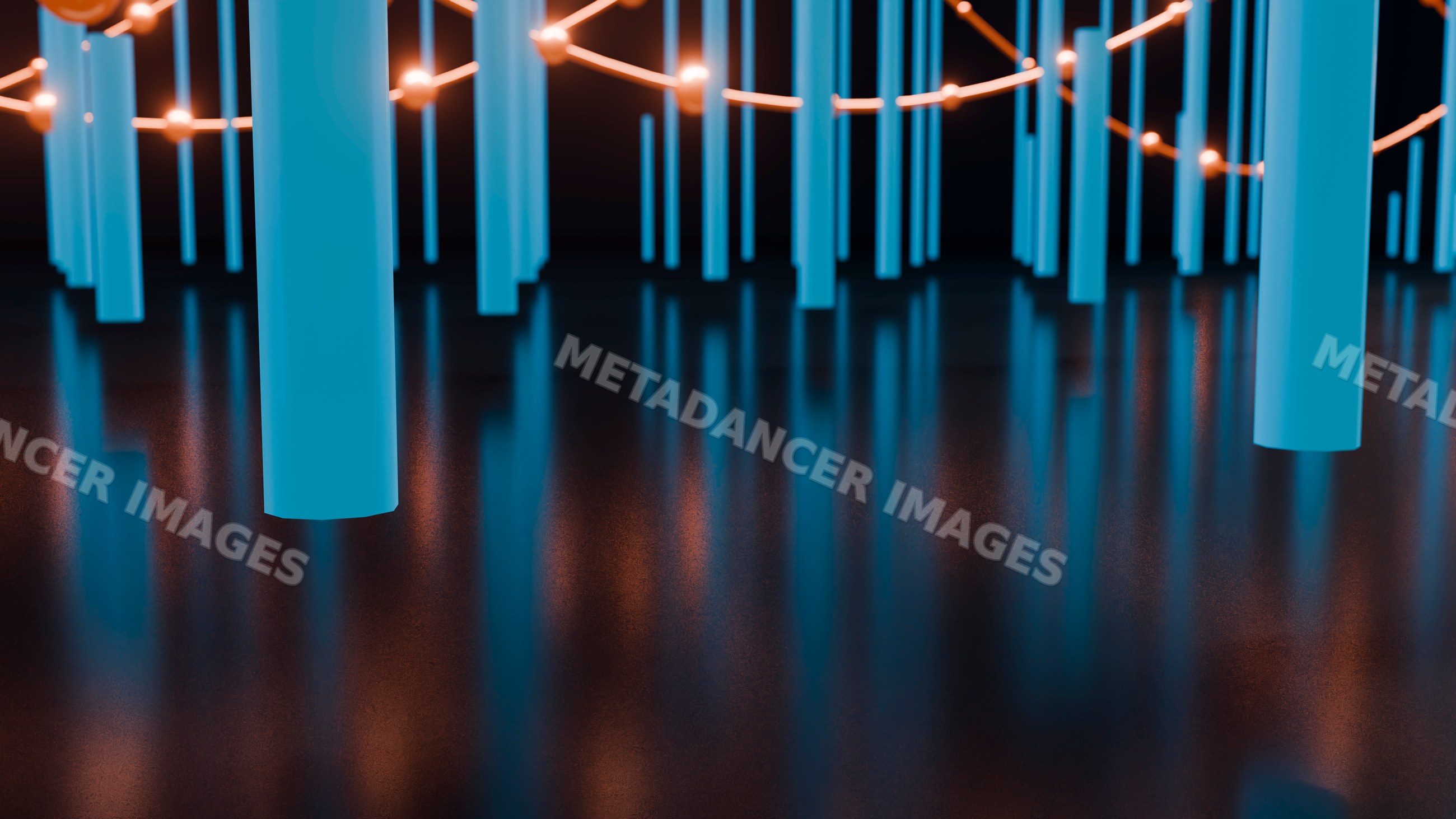Blue vertical cylinders with orange glowing lights on reflective