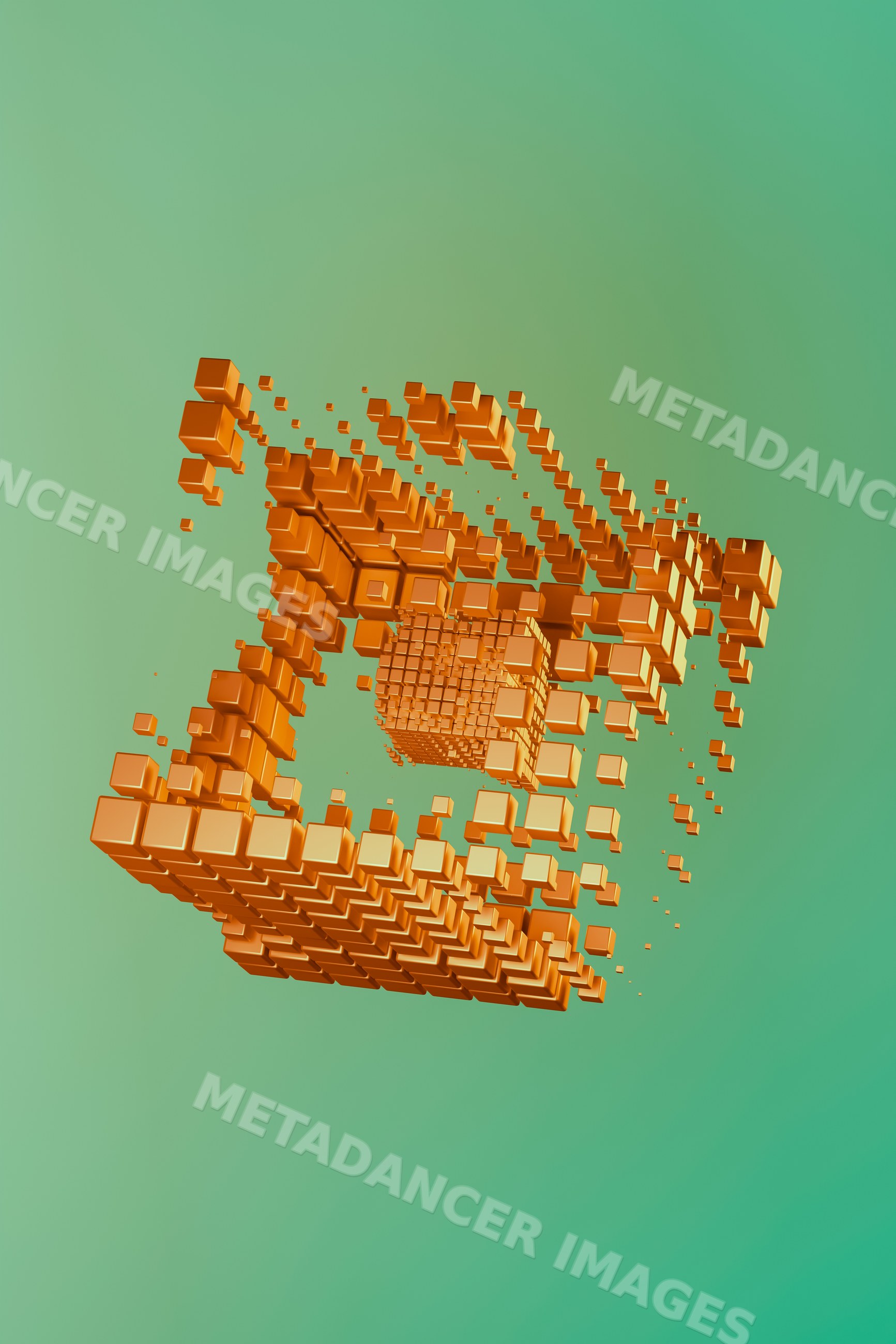 Orange 3d cubes floating in abstract render on green background