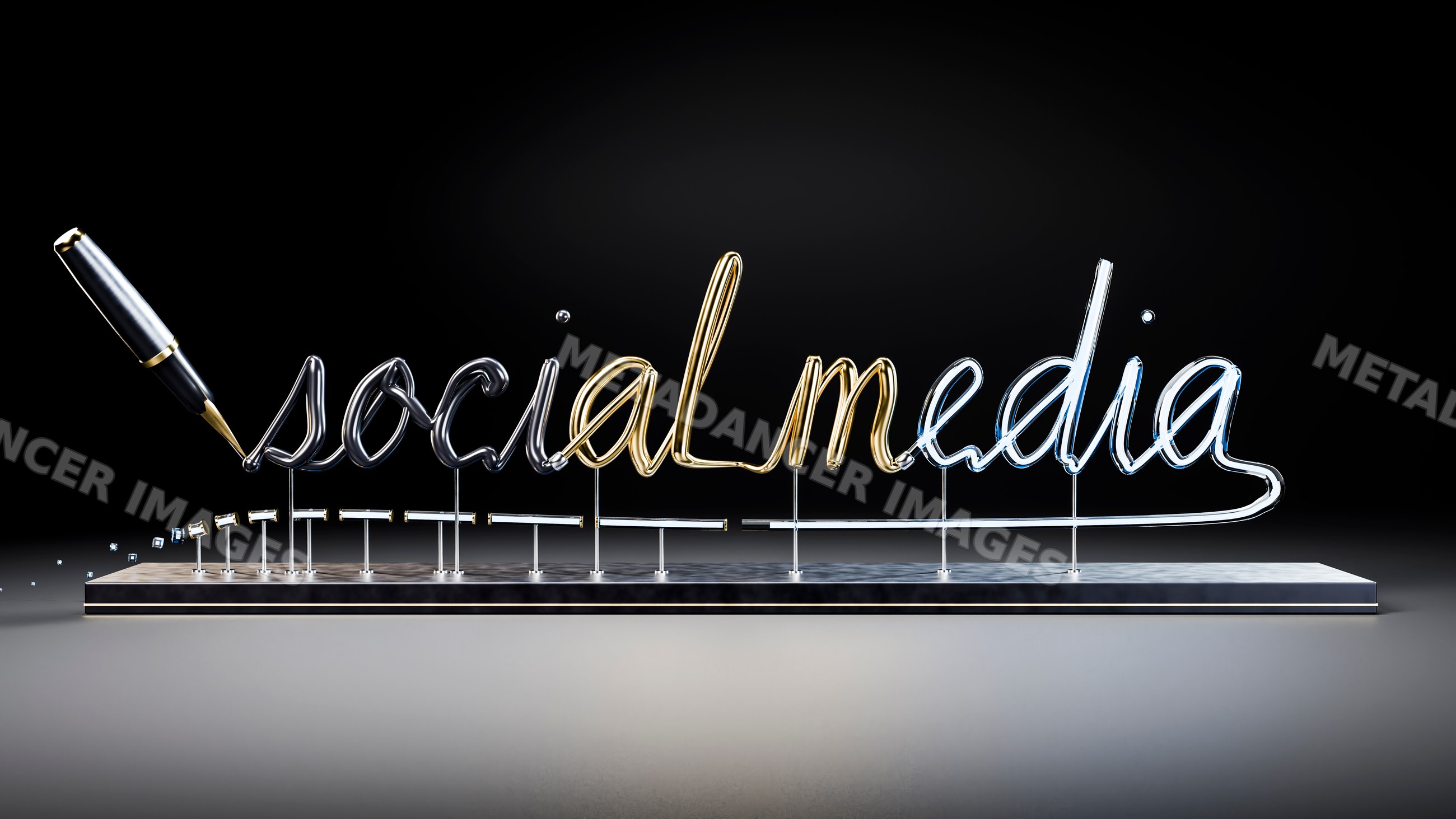 Metallic cursive writing of social media with pen on dark background