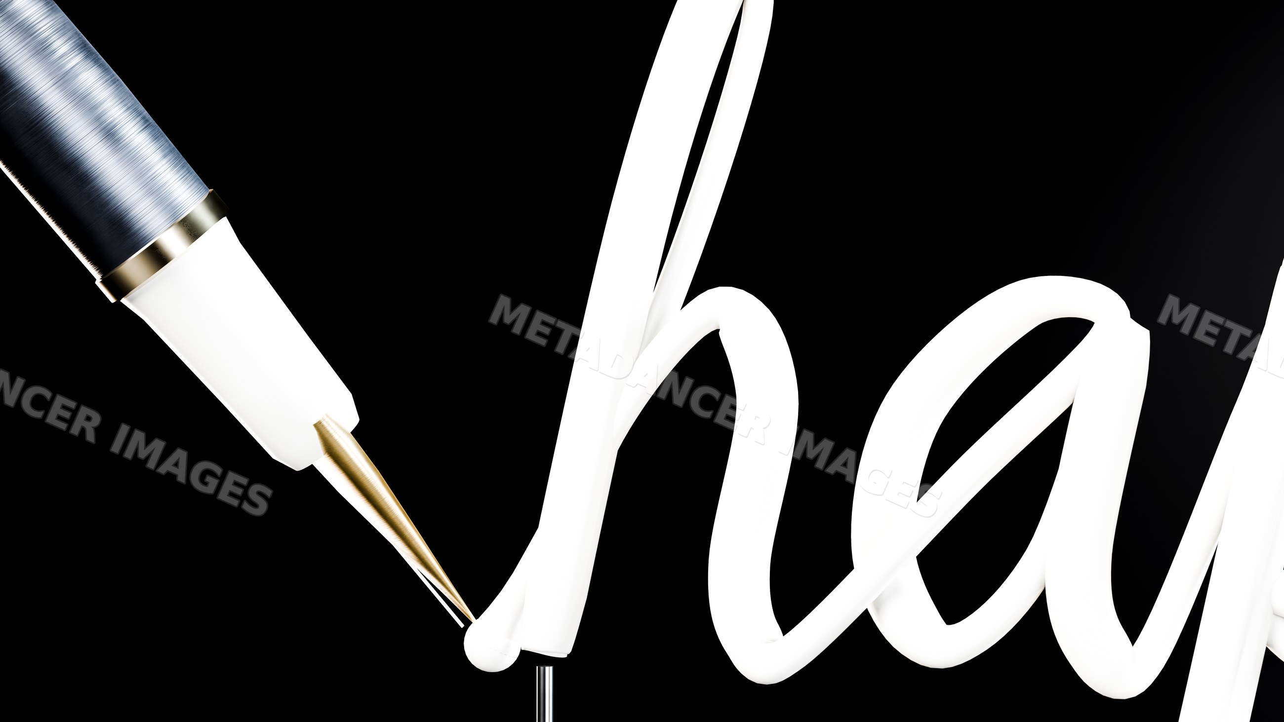 Close-up of pen writing neon light line on black background
