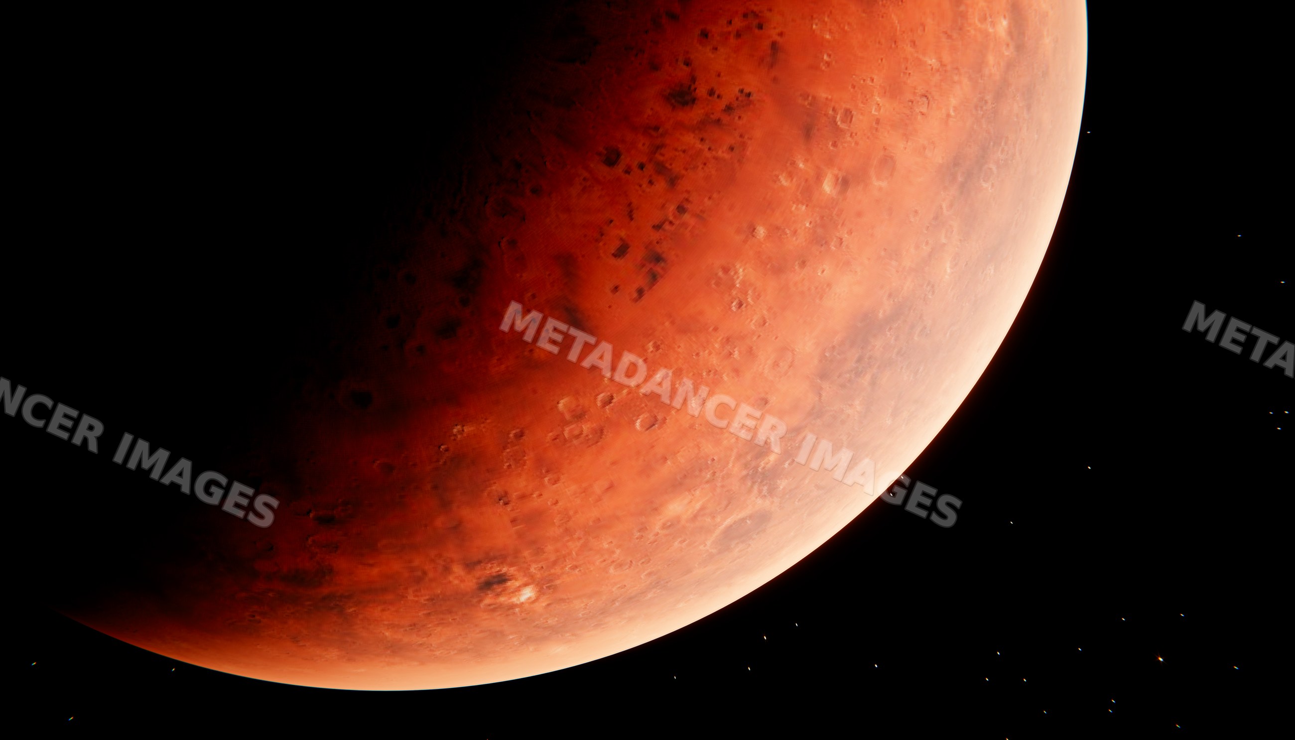 Detailed close-up view of a red planet with craters in outer space