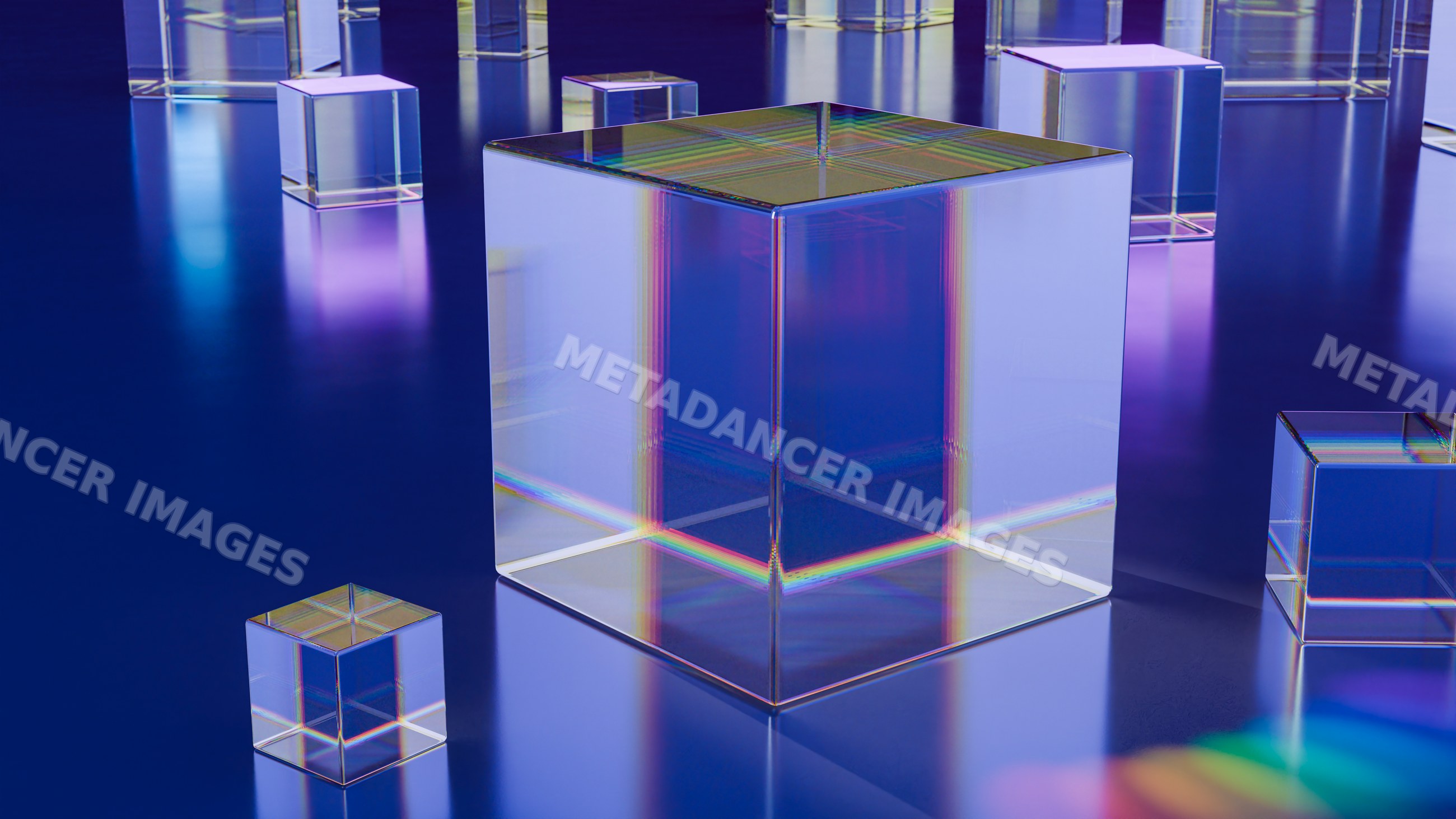 Transparent glass cubes with colorful reflections