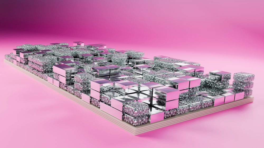 3d illustration of stacked mirrored chrome cubes on pink background