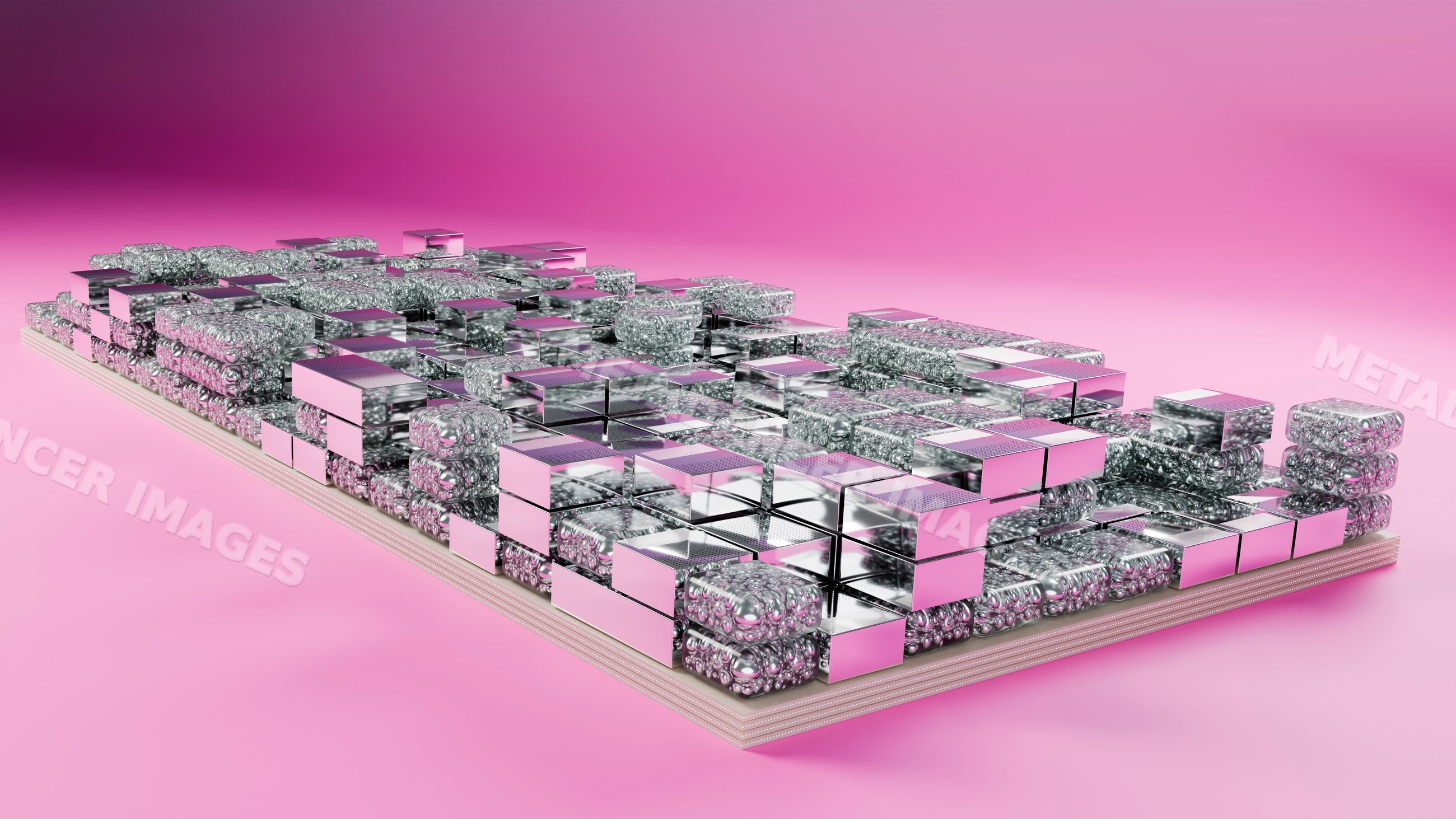 3d illustration of stacked mirrored chrome cubes on pink background