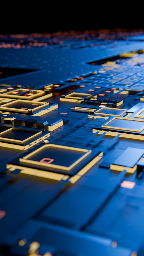 Digital illustration of blue and gold circuit board with microchips