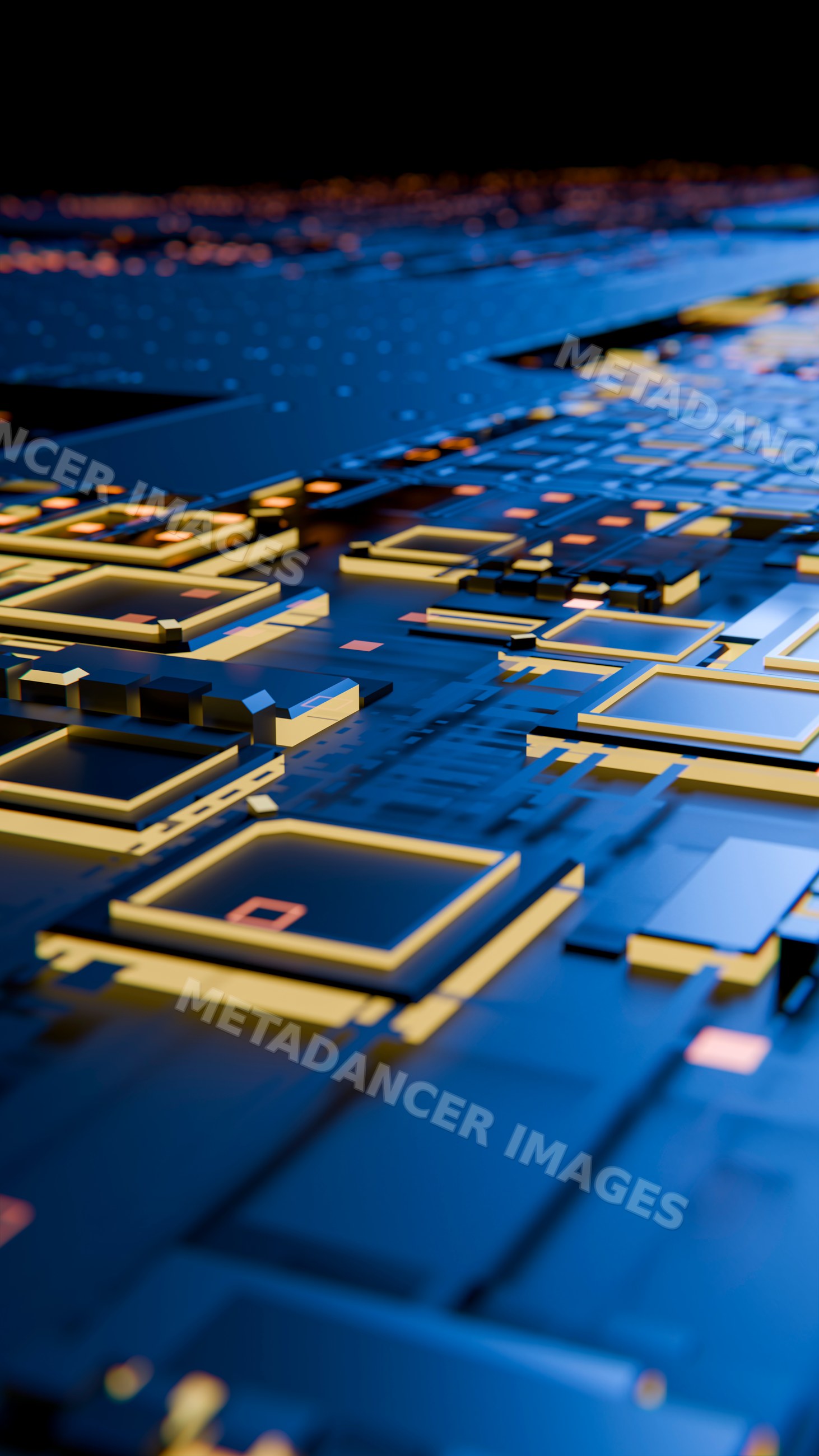 Digital illustration of blue and gold circuit board with microchips