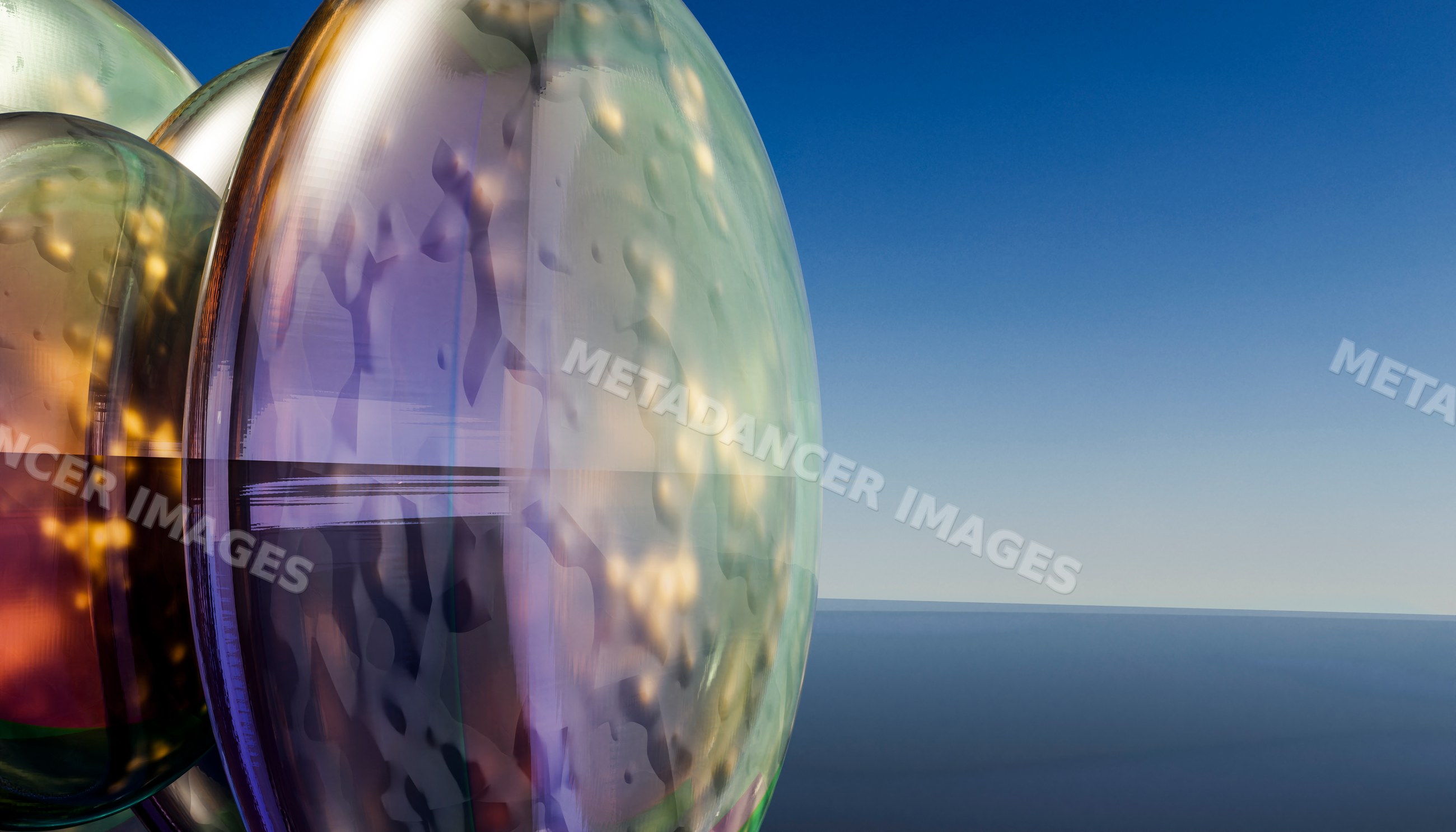 Colored glass globes with distorted reflections under clear blue sky