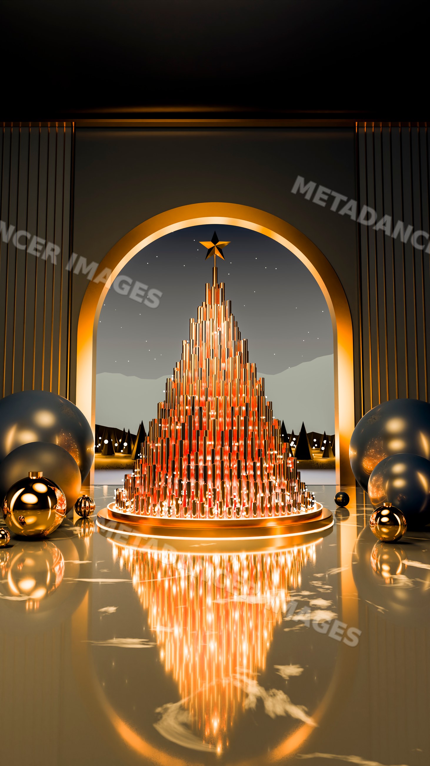 Modern christmas tree with golden metallic tubes and star