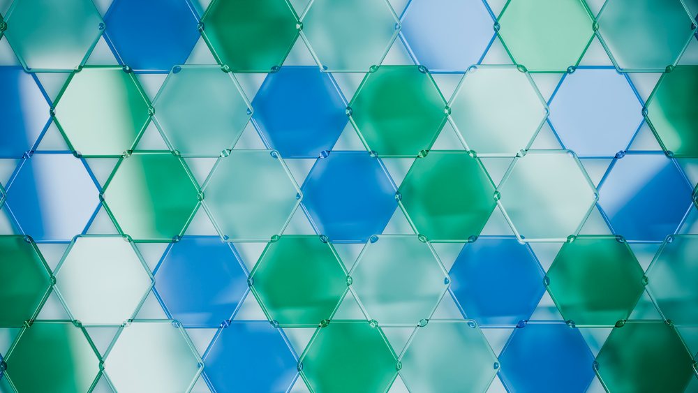 Decorative hexagon pattern with transparent blue and green panels