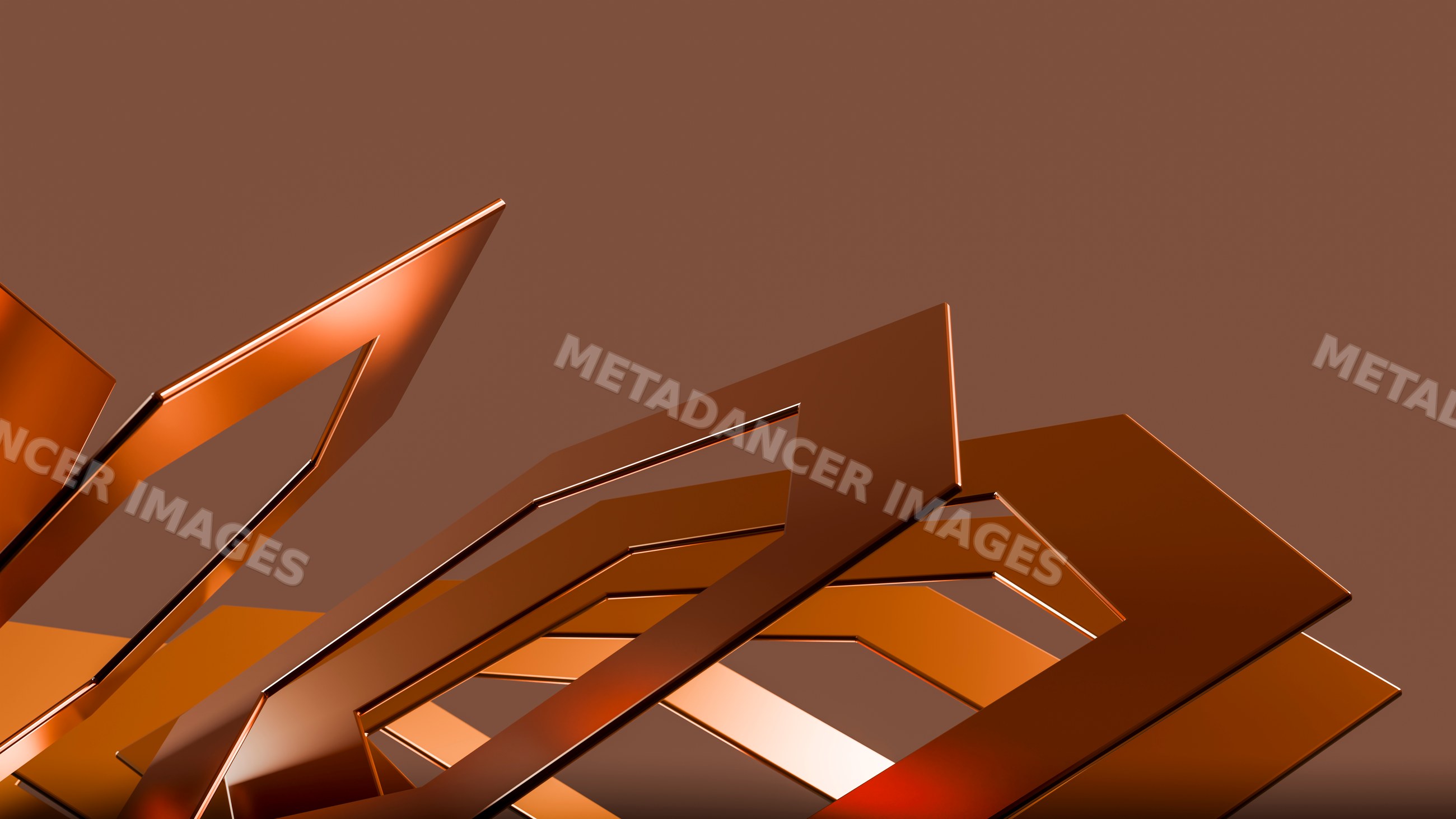 Abstract orange metallic geometric sculpture on brown background