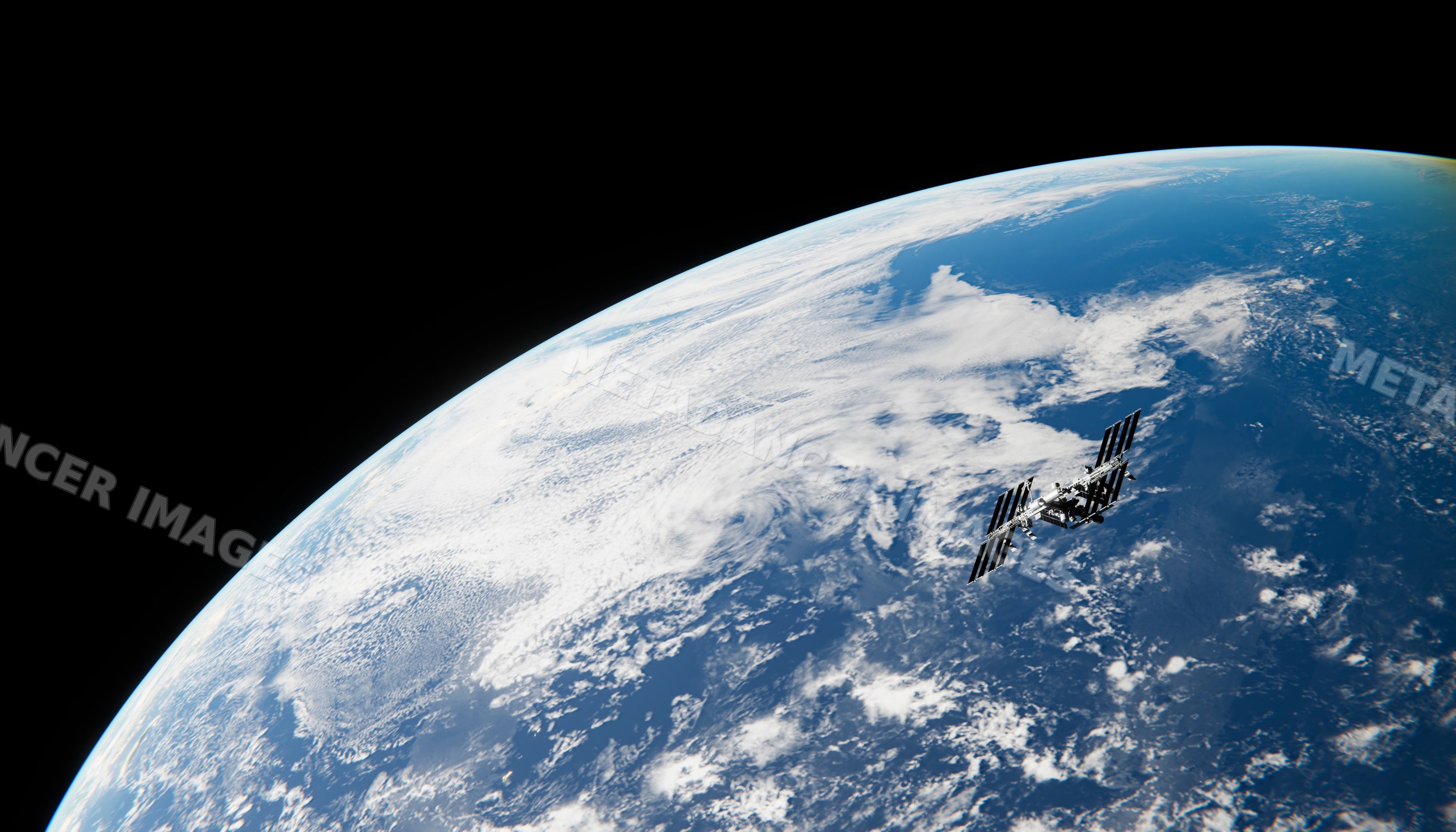A large artificial satellite orbits earth above the blue planet