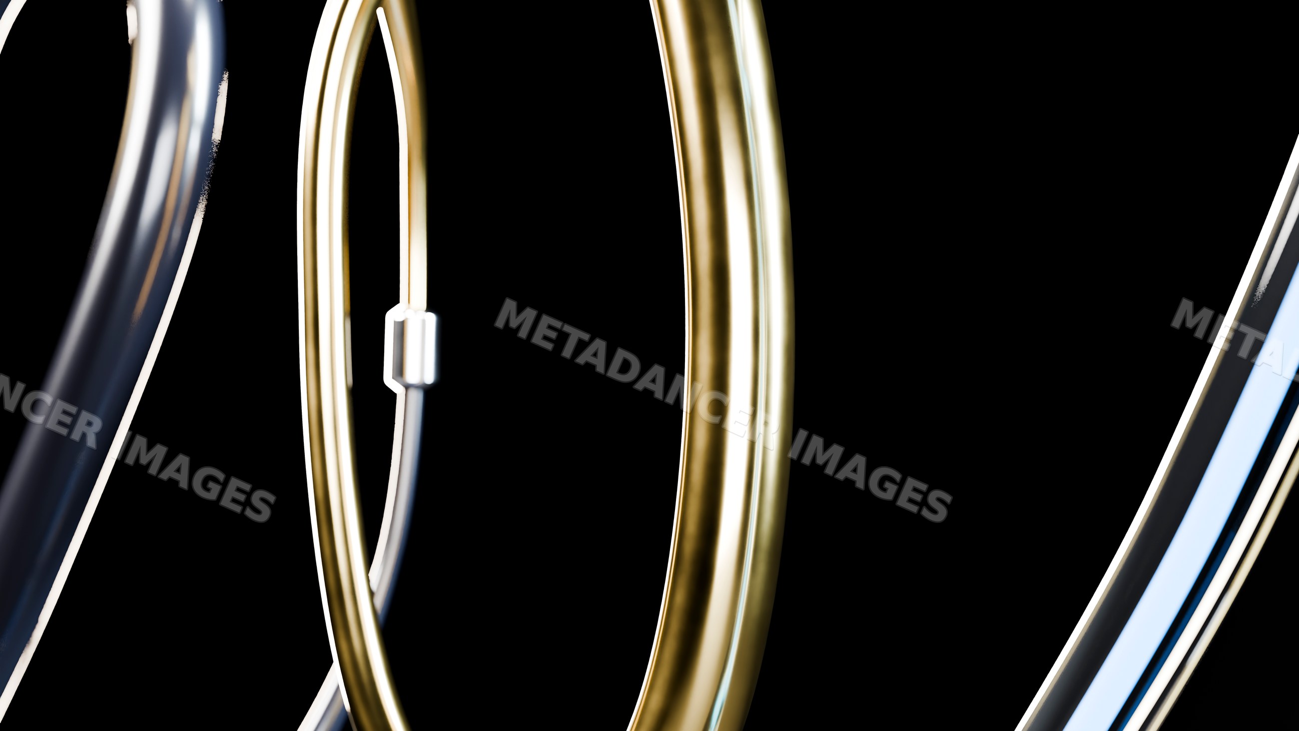 Curved gold and silver colored metal tubes isolated