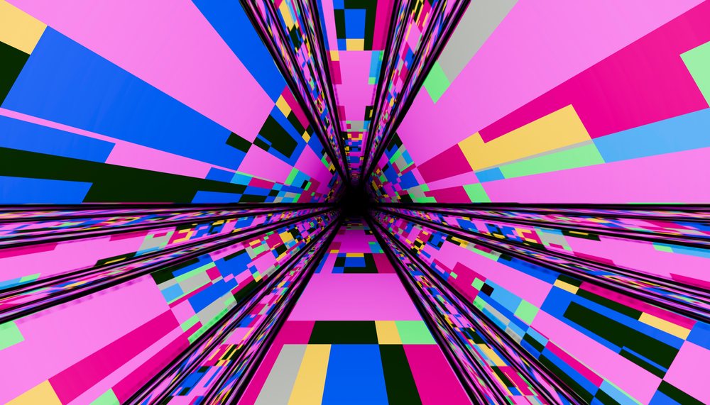 Colorful abstract digital tunnel with geometric mosaic pattern
