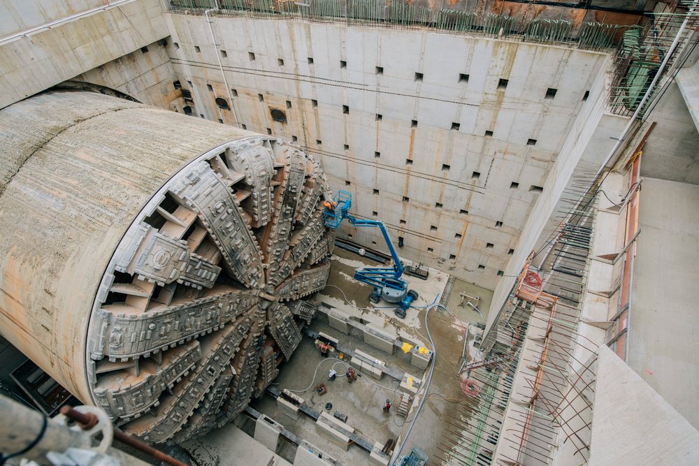 Large tunnel boring machine at an excavation site