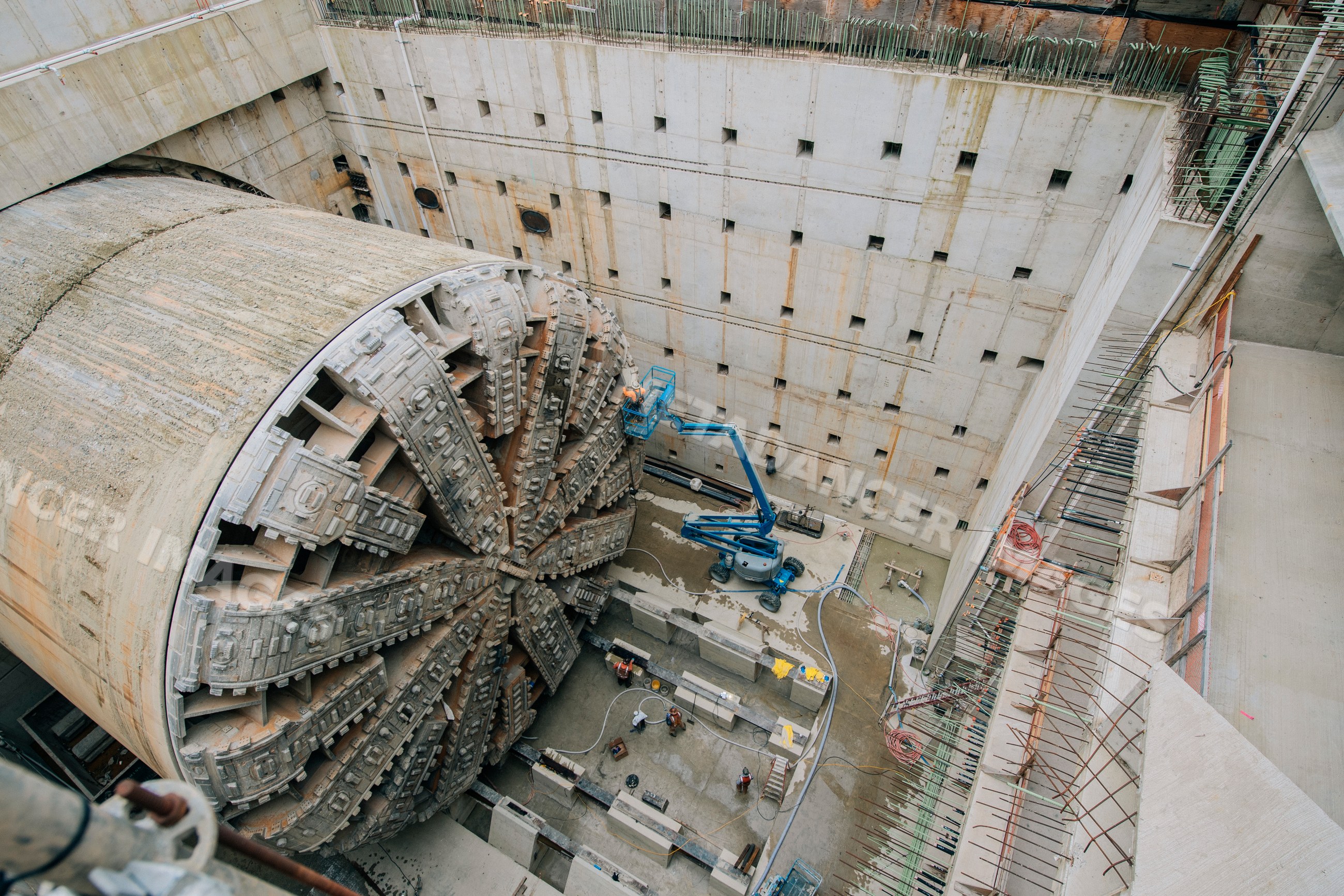 A large tunnel boring machine at an excavation site