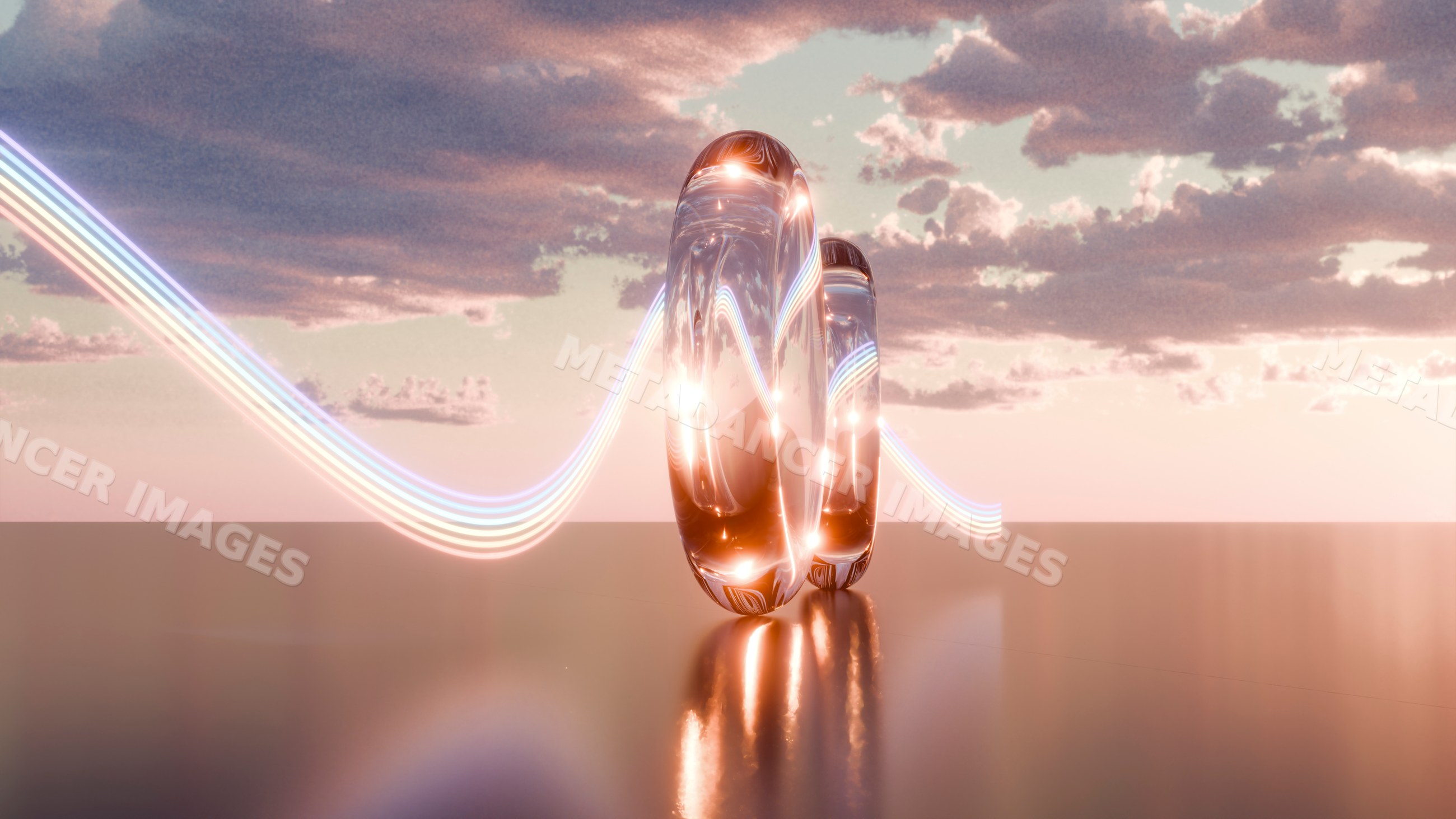 Glossy glass rings with vibrant light trails in abstract digital art
