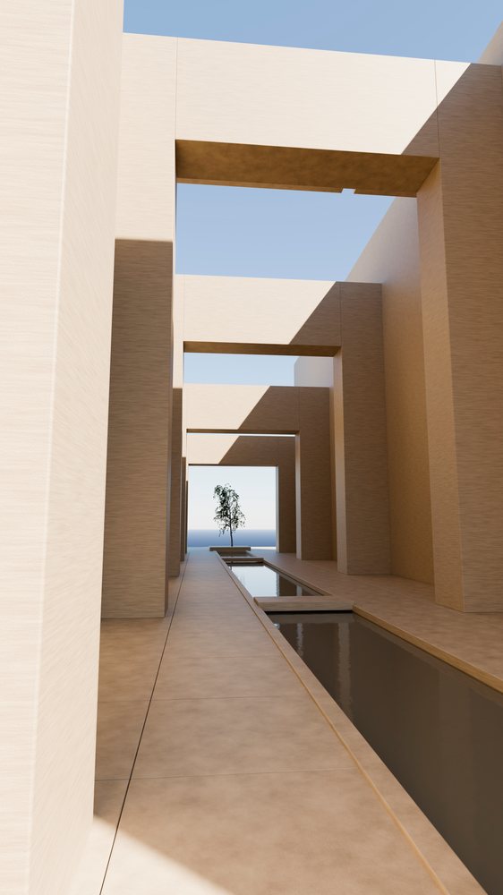 Modern architectural corridor with reflecting pool and tree