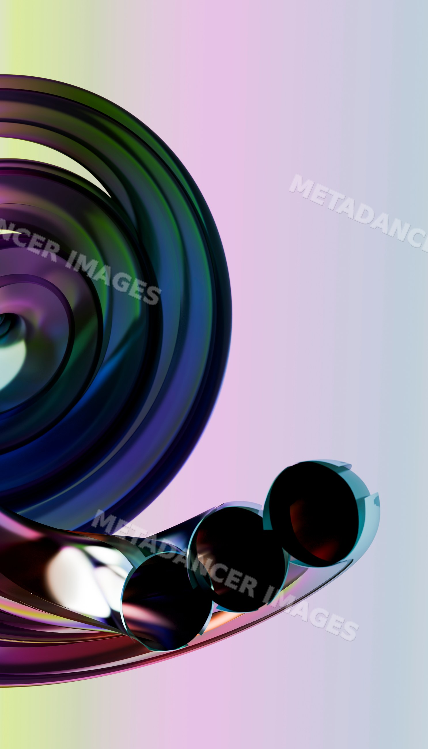 Abstract shiny metallic spiral with curved tubes on color gradient