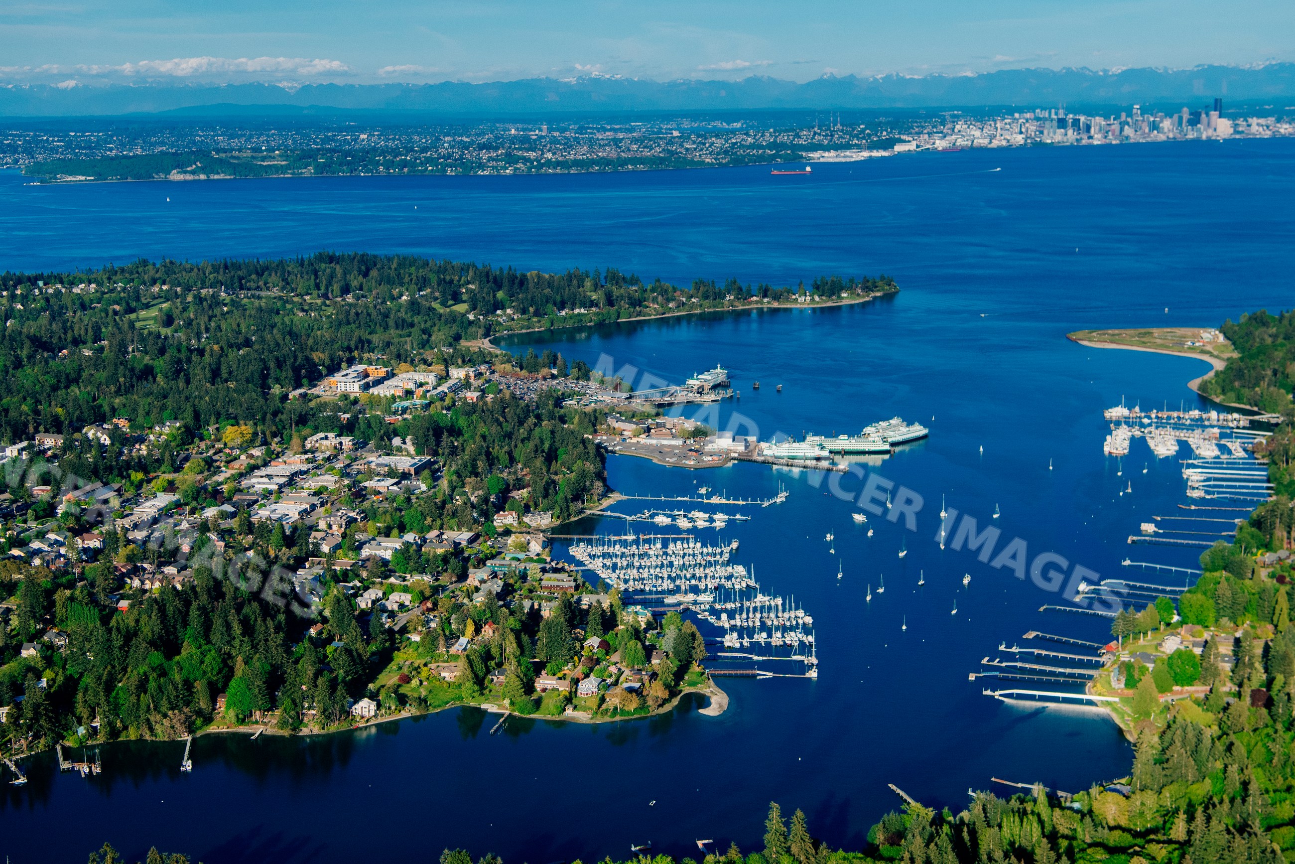 Aerial view of Bainbridge Island harbor and puget sound waterway