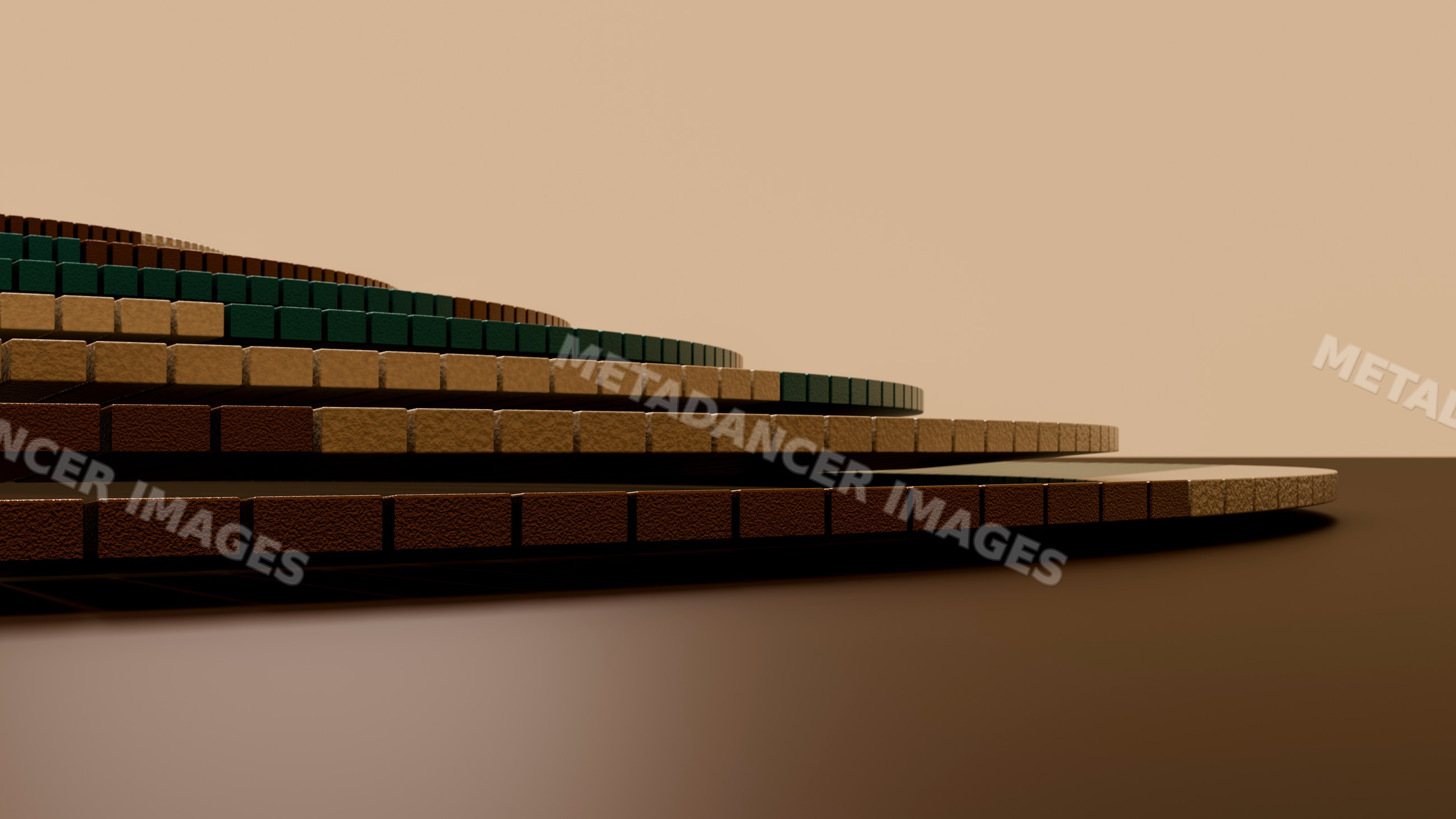 Stacked circular tiers of textured brown and green blocks