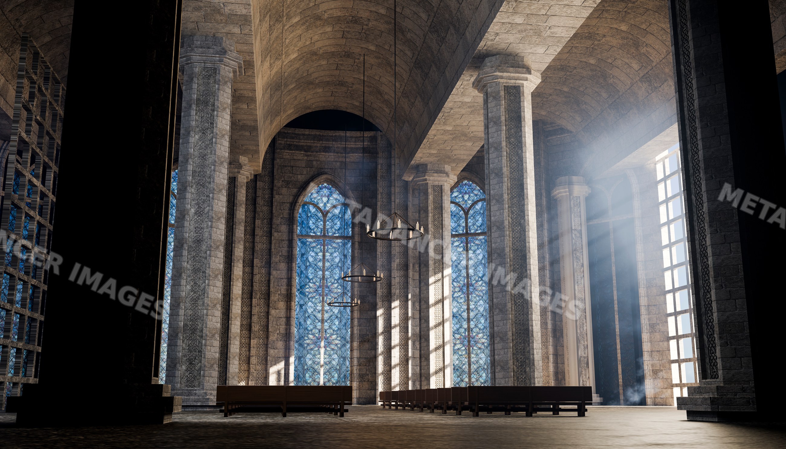 Cathedral interior with vaulted stone arches and stained glass windows