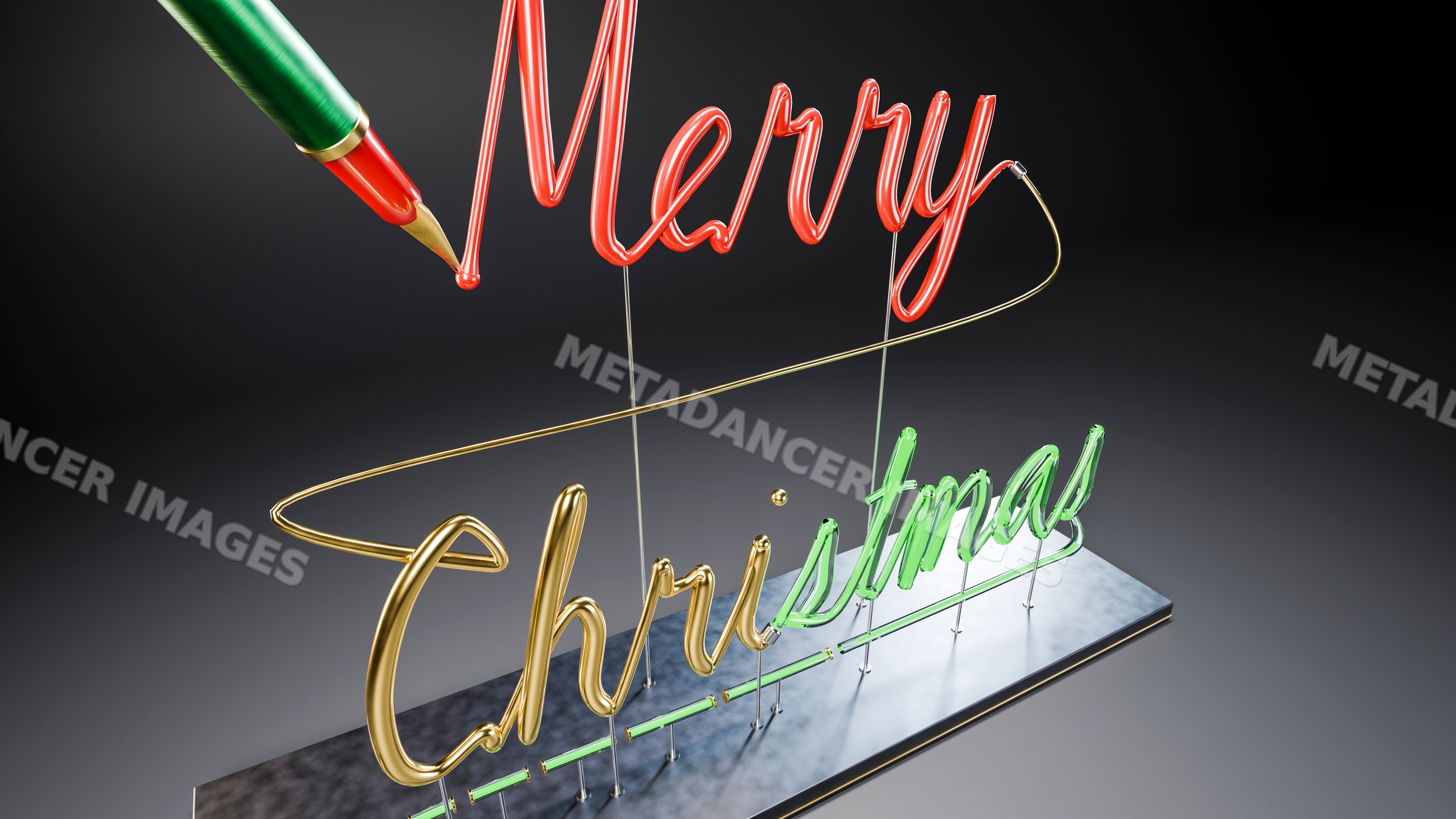 Neon sign with merry christmas lettering on marble base