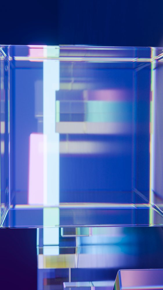 Transparent glass cubes with colorful light refractions