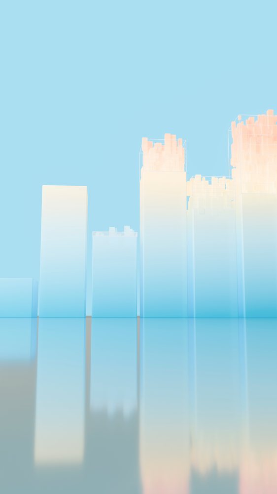 Abstract digital cityscape with reflective skyscrapers and sunset