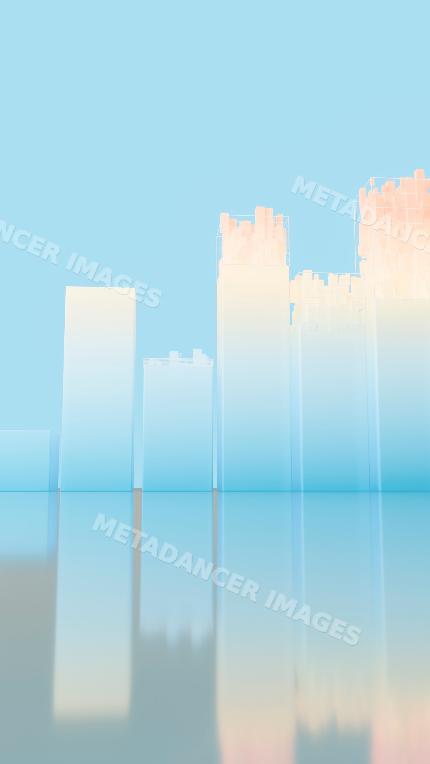 Abstract digital cityscape with reflective skyscrapers and sunset