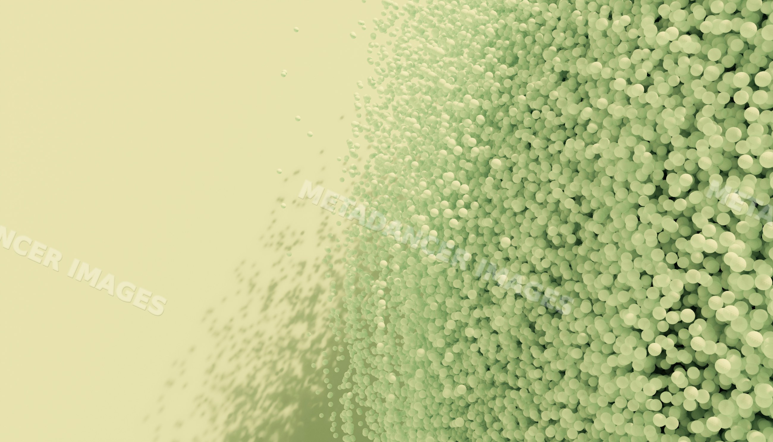 3d rendering of densely packed green spheres with scattered particles