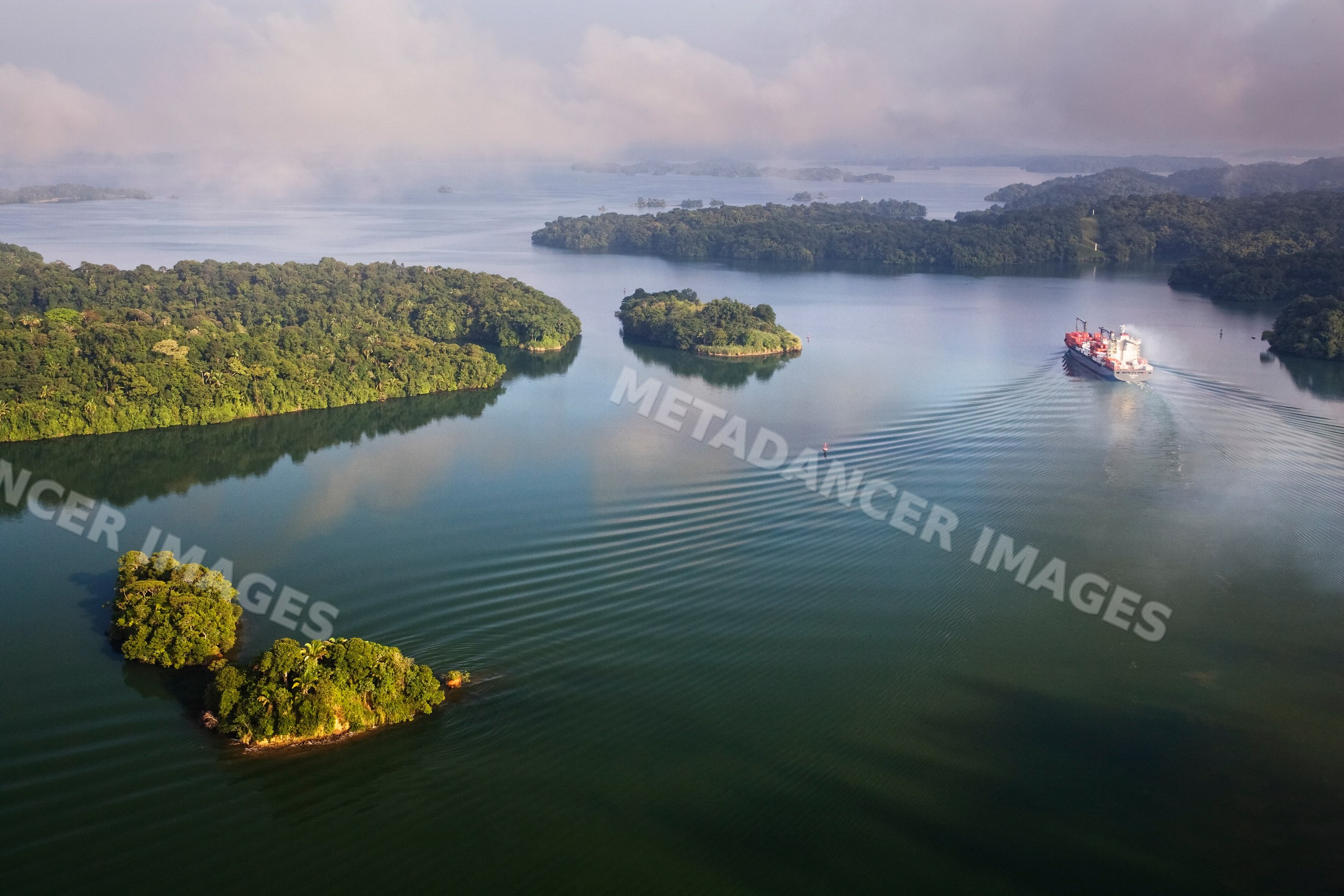 Container ship sailing through panama canal with tropical forest