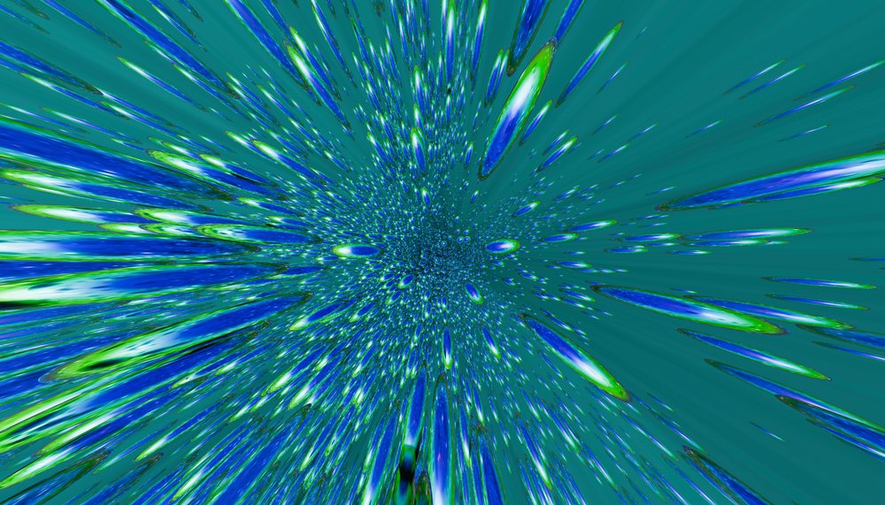 Abstract blue and green digital droplets bursting outward pattern