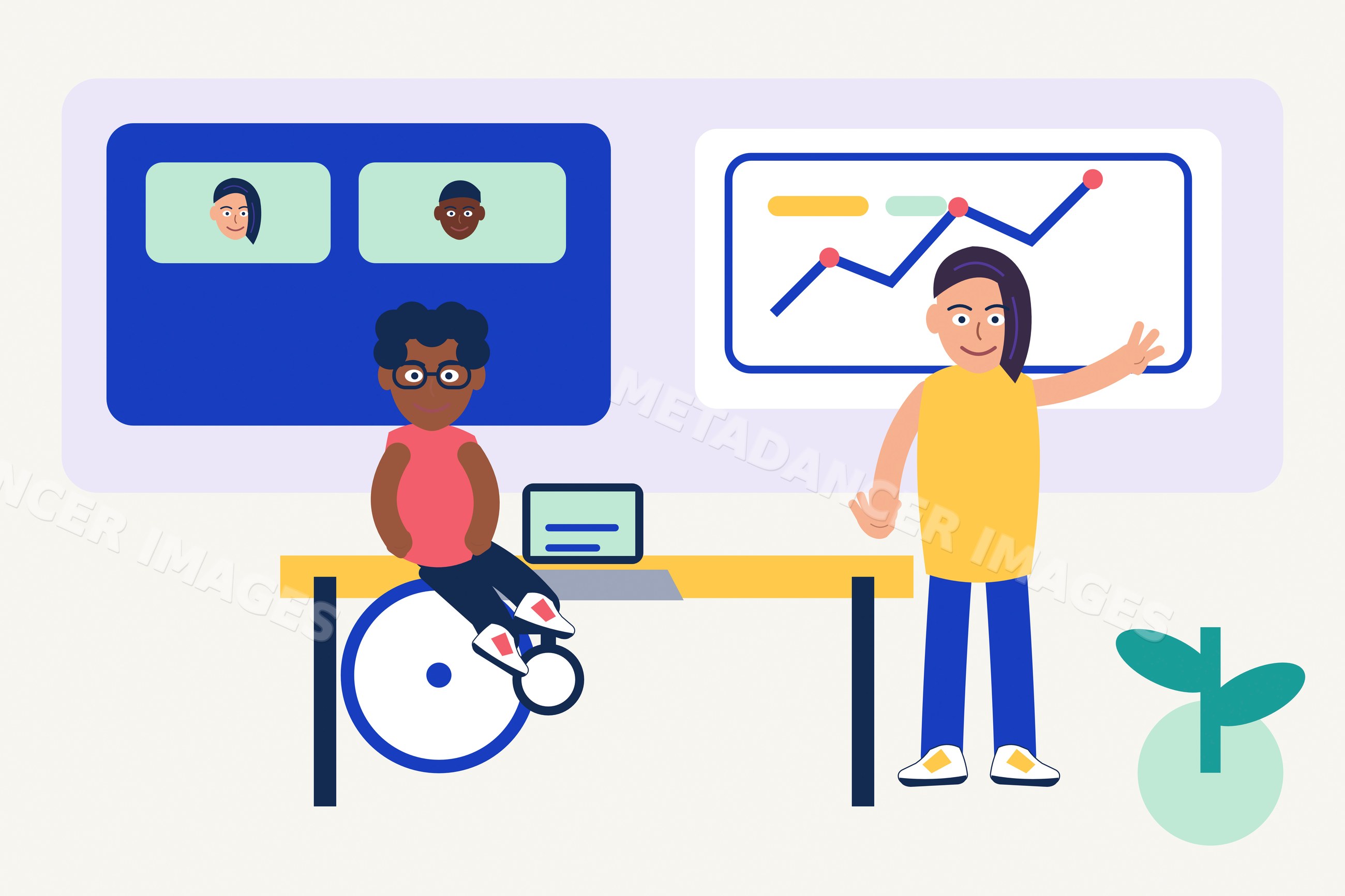 Person in wheelchair presenting data graph in hybrid workspace