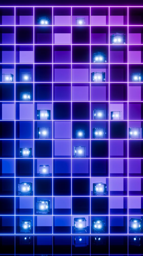 Digital abstract neon grid with glowing glass cubes illustration