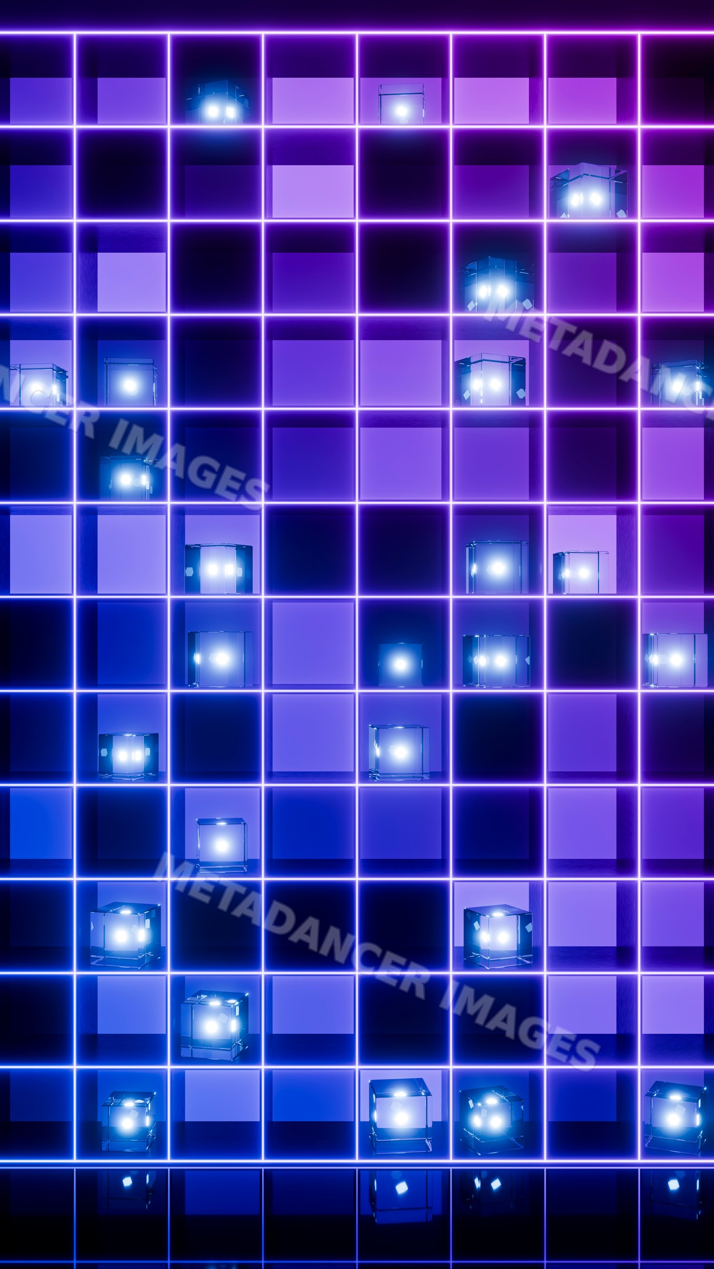 Digital abstract neon grid with glowing glass cubes illustration