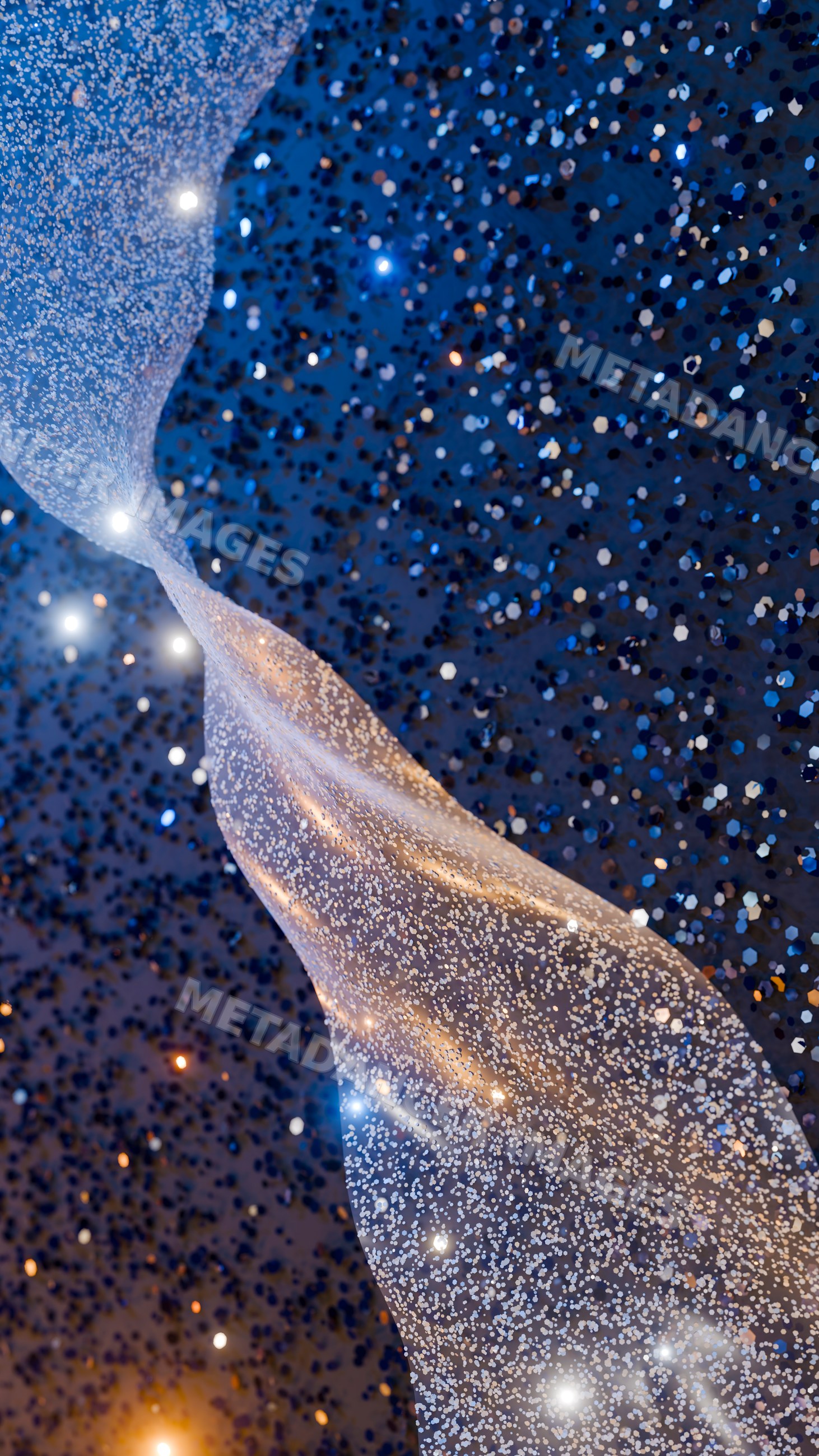 Blue glitter particles swirling around twisting decorative ribbon