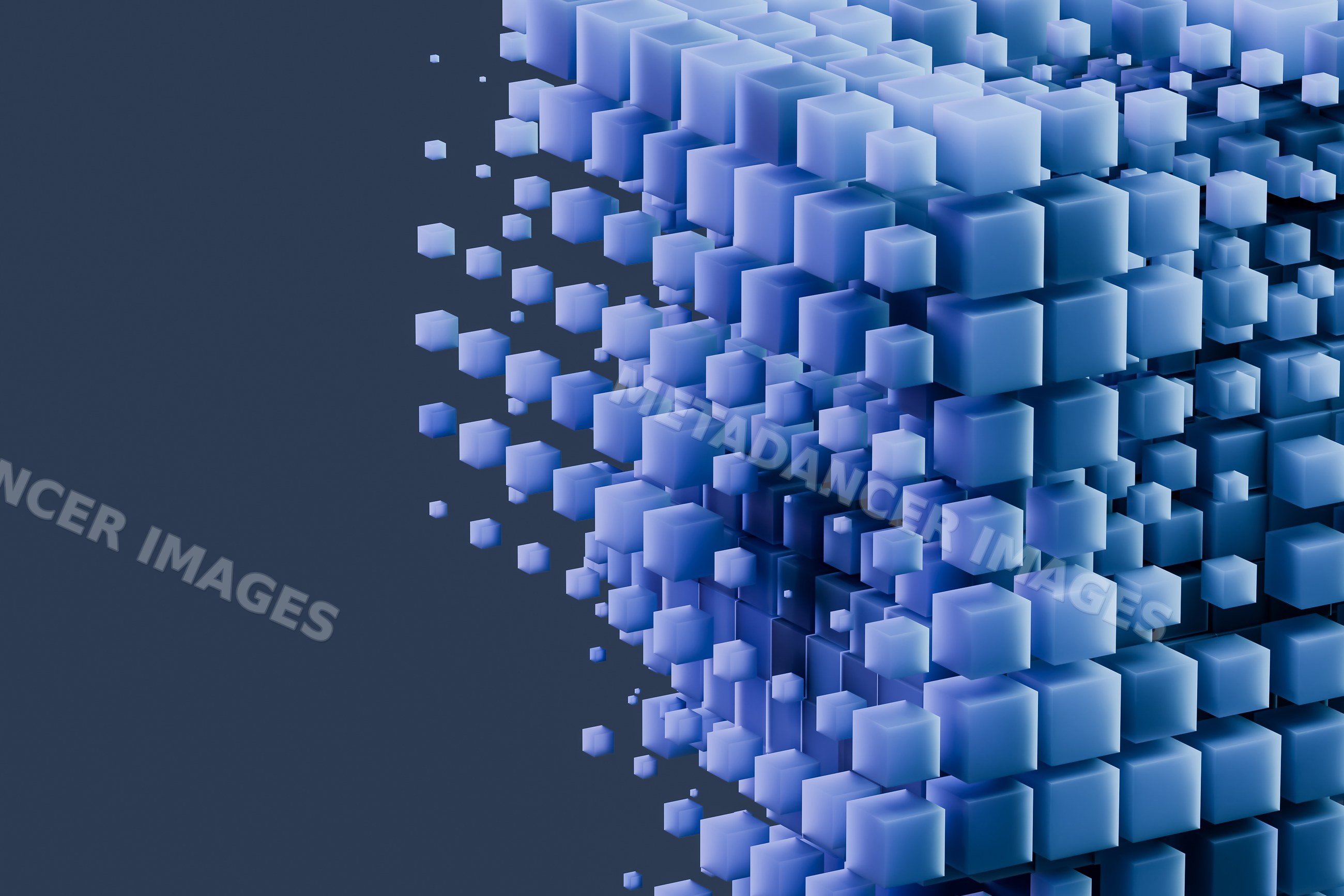 Abstract 3d rendering of floating blue cubes in a geometric pattern