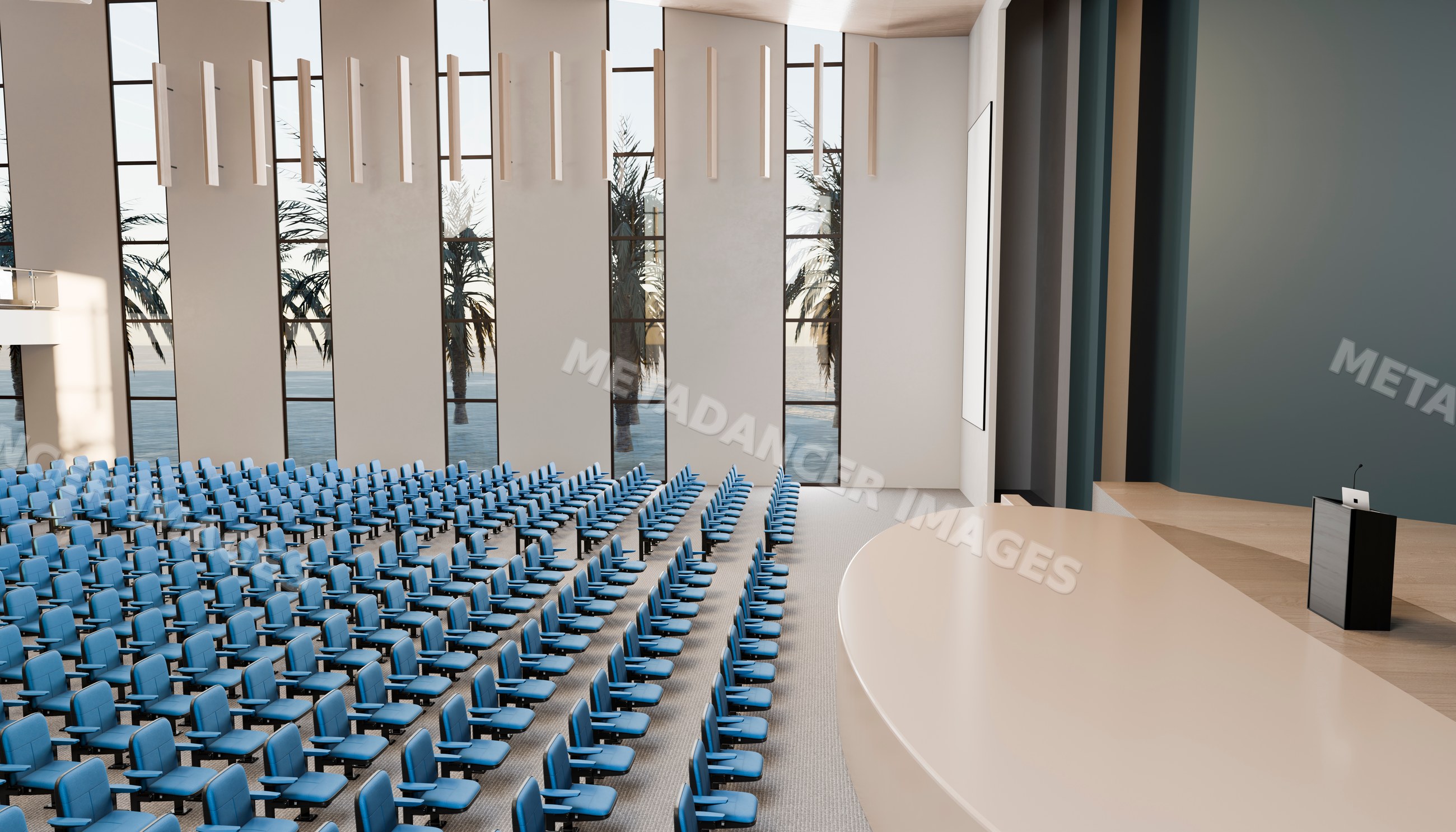 Empty modern lecture hall with stage and blue chairs
