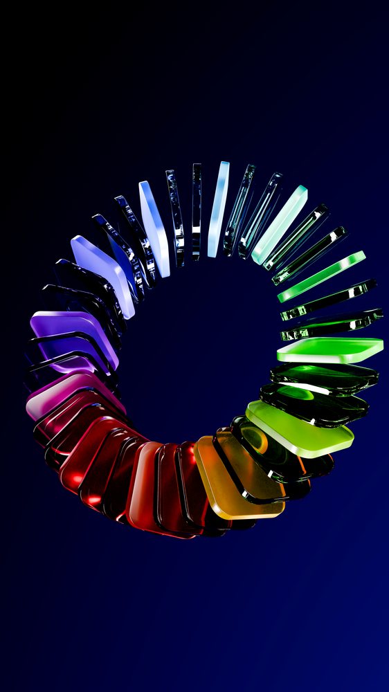 Color spectrum circle composed of glossy squares in vibrant gradient