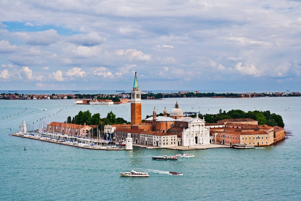 San giorgio maggiore island with church and boats, italy