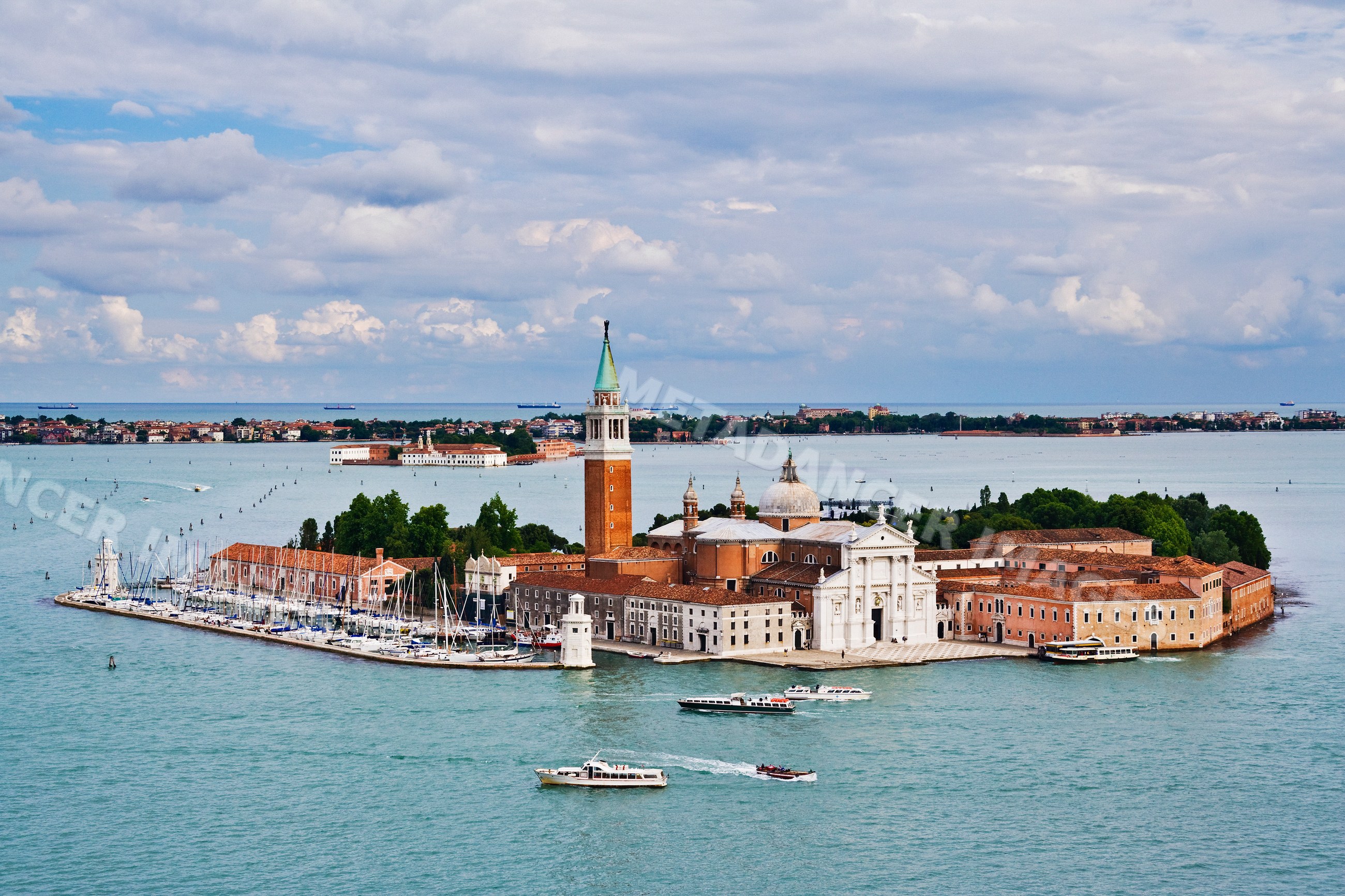 San giorgio maggiore island with church and boats, italy